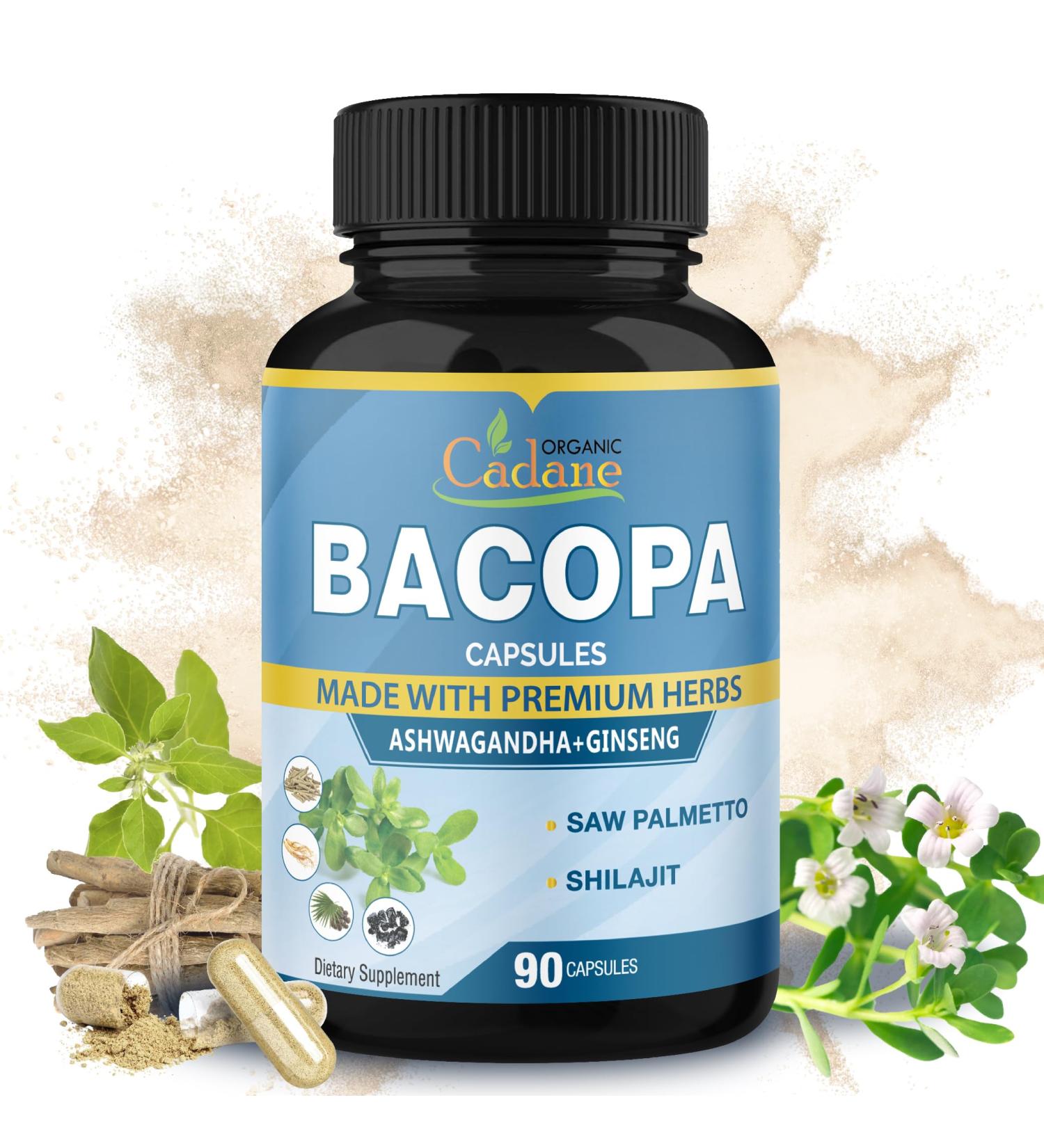 Organic Cadane Bacopa Monnieri Supplement - Blended with Ashwgandha Ginseng Saw Palmetto Shilajit - 90 Capsules for 3 Month Supply - Buy Online on GoSupps.com