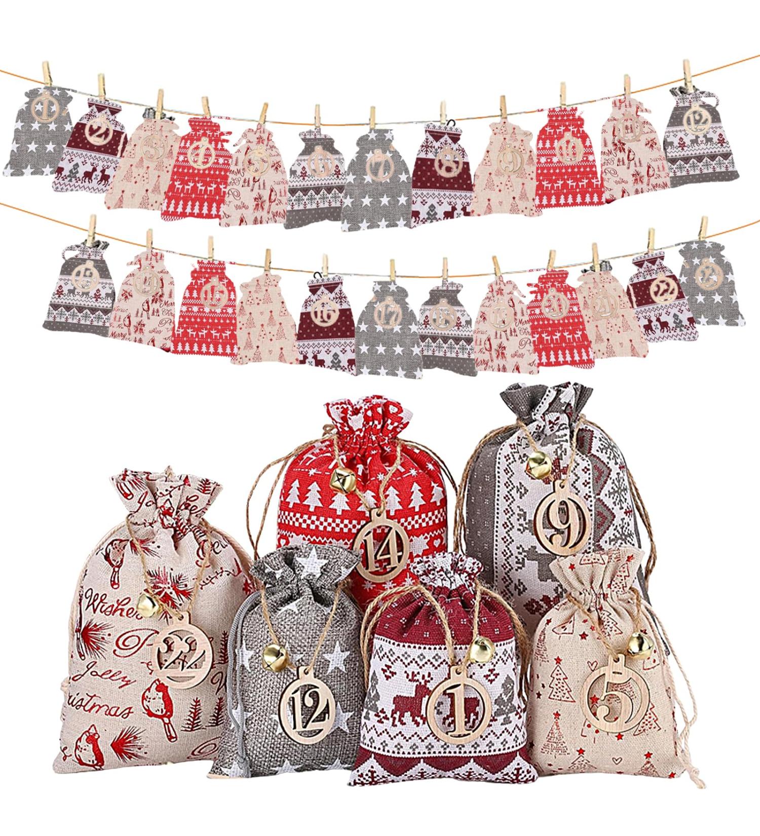 Christmas Advent Calendar DIY Drawstring Gift Bags 24 Days Countdown to Christmas Reusable Burlap Bags Countdown to Christmas Charm for Children Birthday Party Weddings - Buy Online on GoSupps.com