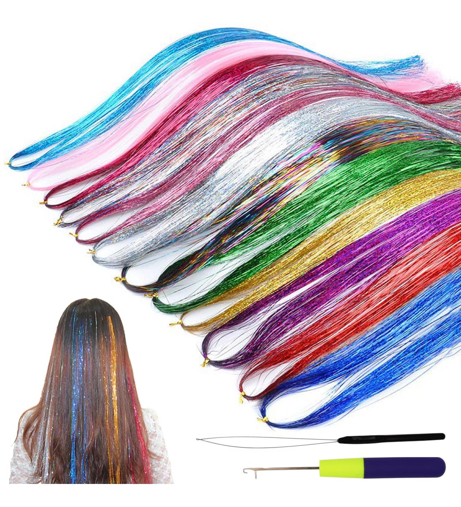 Hair Tinsel Real Hair Strands 12 Colours Hair Tinsel Extensions Glitter Hair Tinsel with Tools for Christmas Halloween Cosplay Party - Buy Online on GoSupps.com