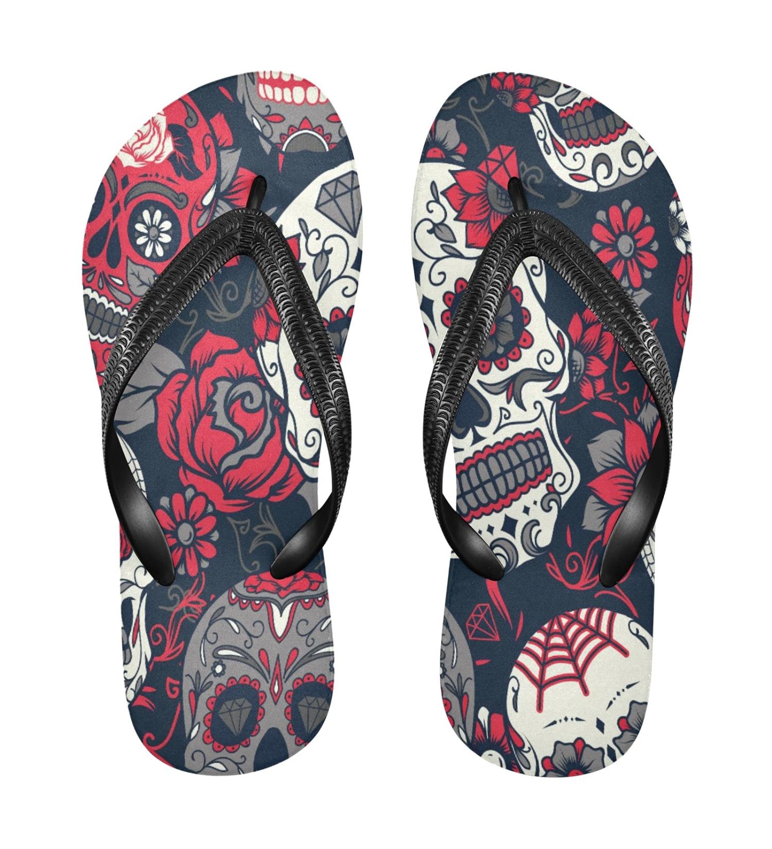 Mnsruu Skull Flip Flops - Red Floral Small Multicolor | Stylish & Unique International Shipping - Buy Online on GoSupps.com