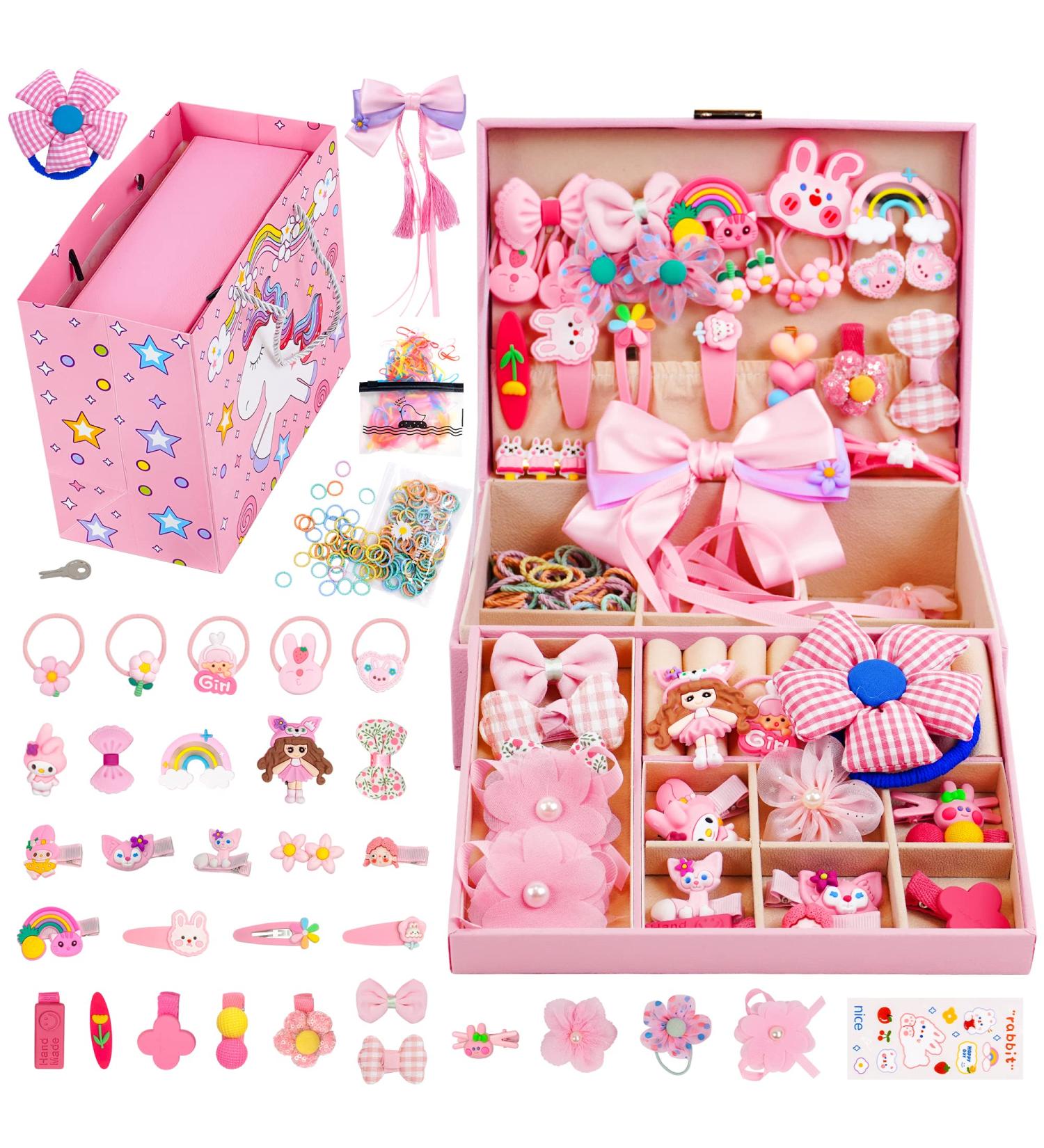 Girls Hair Accessories Set with Jewelry Box, Clips, Barrettes, Ties, Bows - Perfect Gifts for Kindergarten Graduation, Birthday, Children's Day - Ages 2-12 - Buy Online on GoSupps.com
