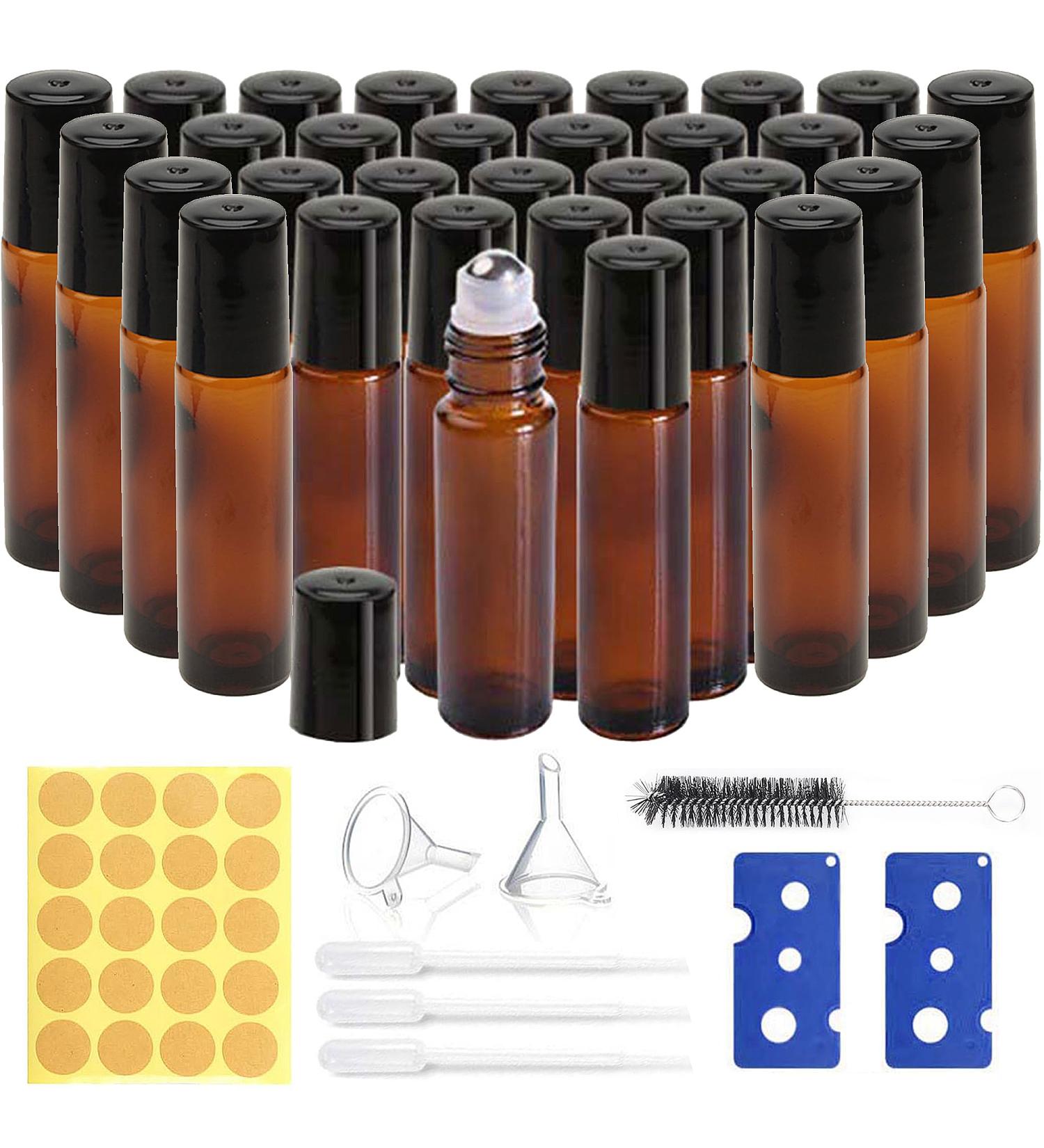 Anboo 24 Pack 10ml Essential Oil Roller Bottles - Glass Roll-On with Stickers Funnel Opener & Labels for SPA & Massage - Buy Online on GoSupps.com