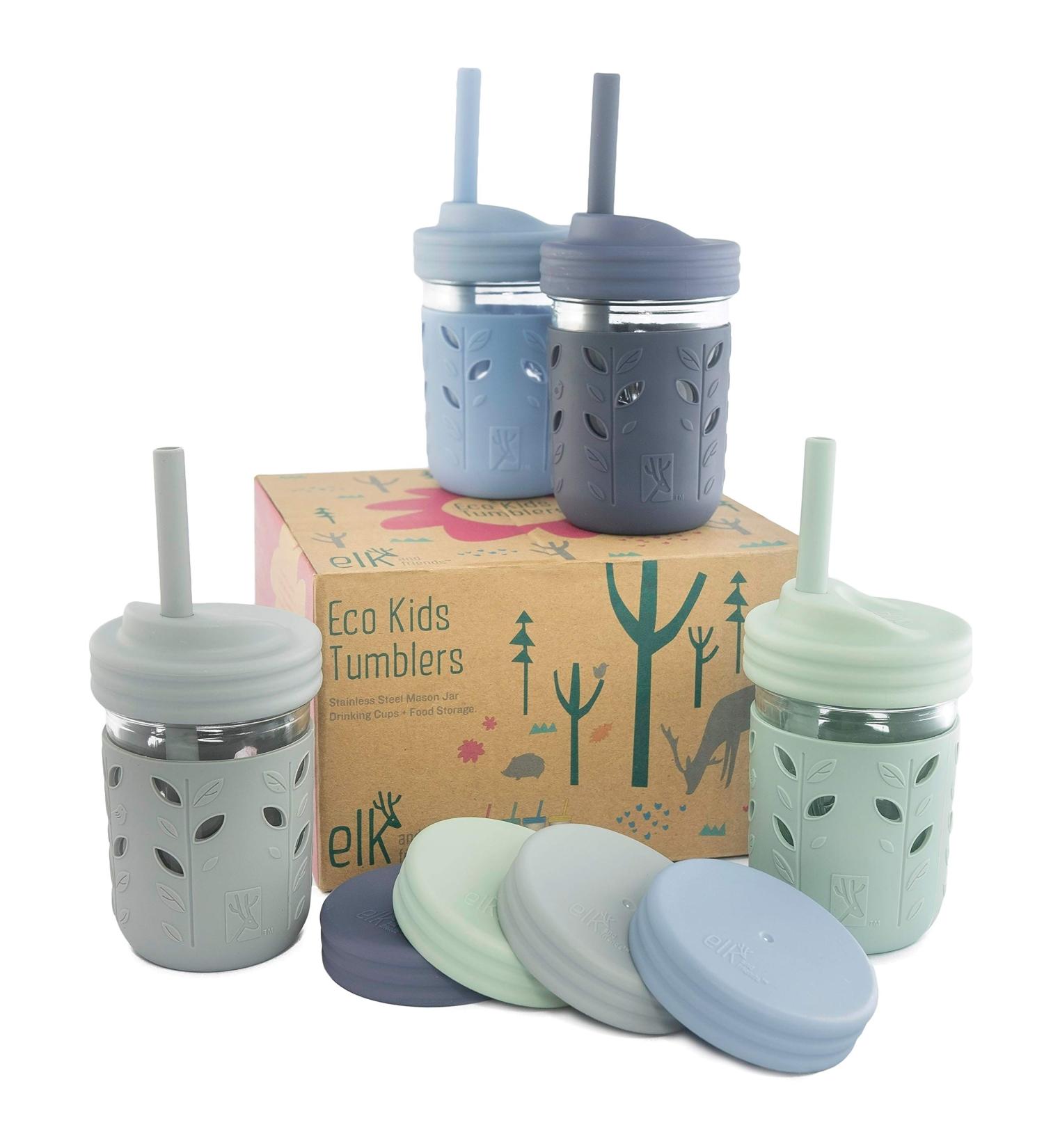 Elk and Friends Glass Mason Jar Kids Cups - 8 oz with Silicone Straws | Toddler Smoothie & Sippy Cups - Buy Online on GoSupps.com