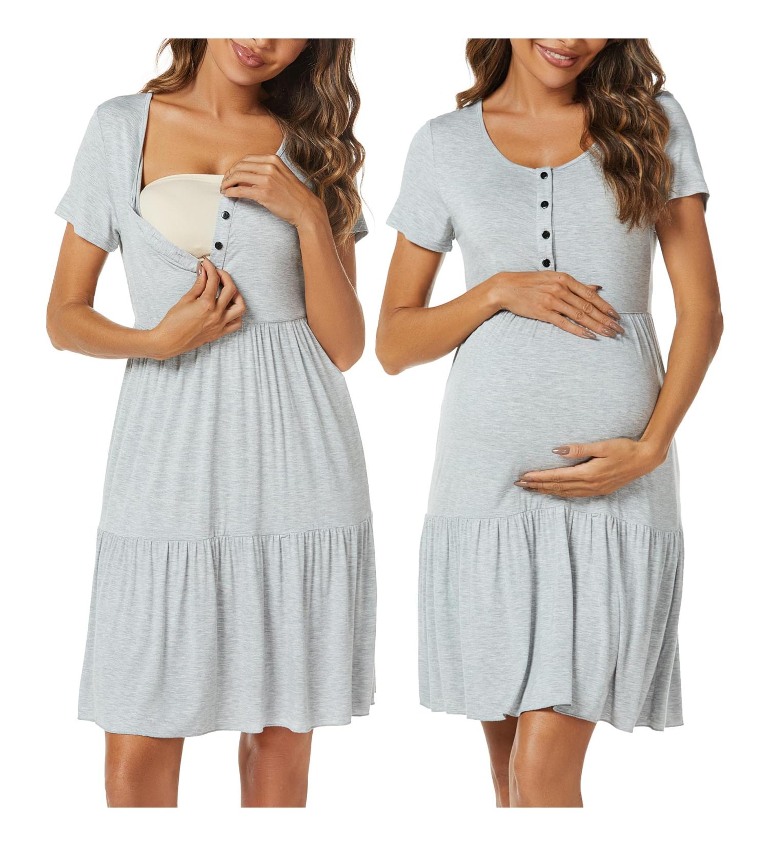 Irdcomps Women's Maternity Nursing Nightdress | Button Down for Breastfeeding | Short Sleeve Labour Loungewear | Hospital Pregnancy Nightgown - 02 Grey XL - Buy Online on GoSupps.com