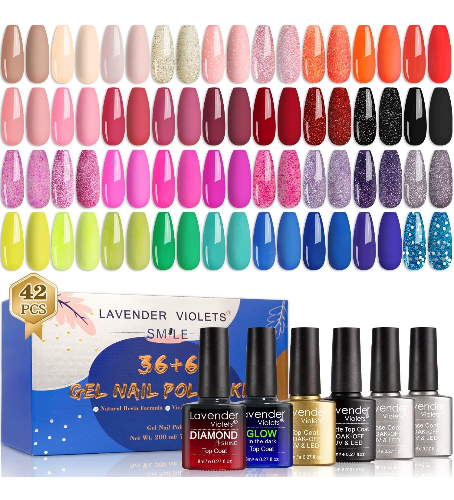 Lavender Violets 42 Pcs Gel Nail Polish Kit Set - 36 Colors + 6 Base Top Coat - Glossy Matte Diamond Shine Glow in the Dark - Nail Art C950 - Buy Online on GoSupps.com