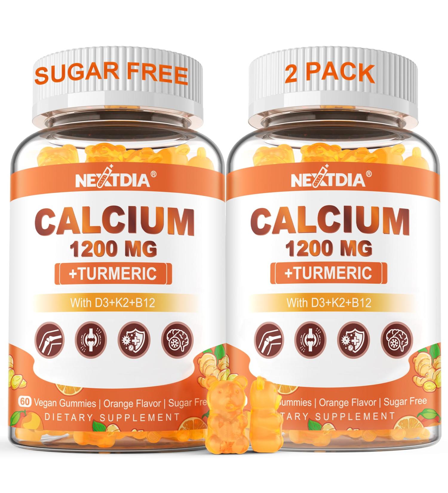 Calcium Gummies with Turmeric for Women & Men - Calcium 1200mg with Vitamin D3 K2 B12 5000 IU & Zinc Suger-Free Calcium Supplement for Bone Muscle Strength & Immune Support - Vegan(120 Count) 60 Count (Pack of 2) - Buy Online on GoSupps.com