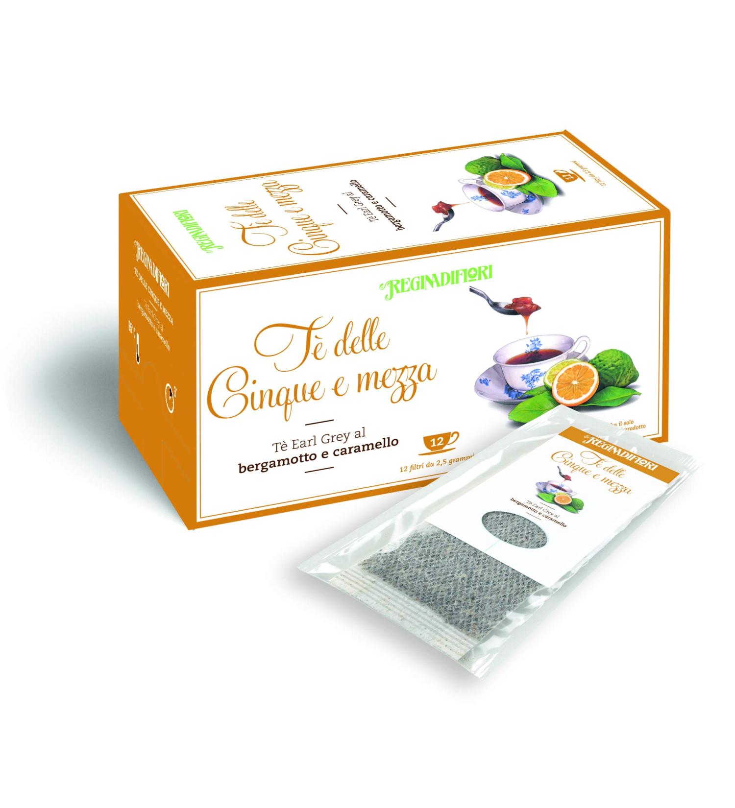 Regina di Fiori TE' DES CINQUES ET DEMIE T Earl Grey with Bergamot and Caramel | Queen of Flowers | A selection of tea for your day | 48 filters in 4 packs of 12 filters one