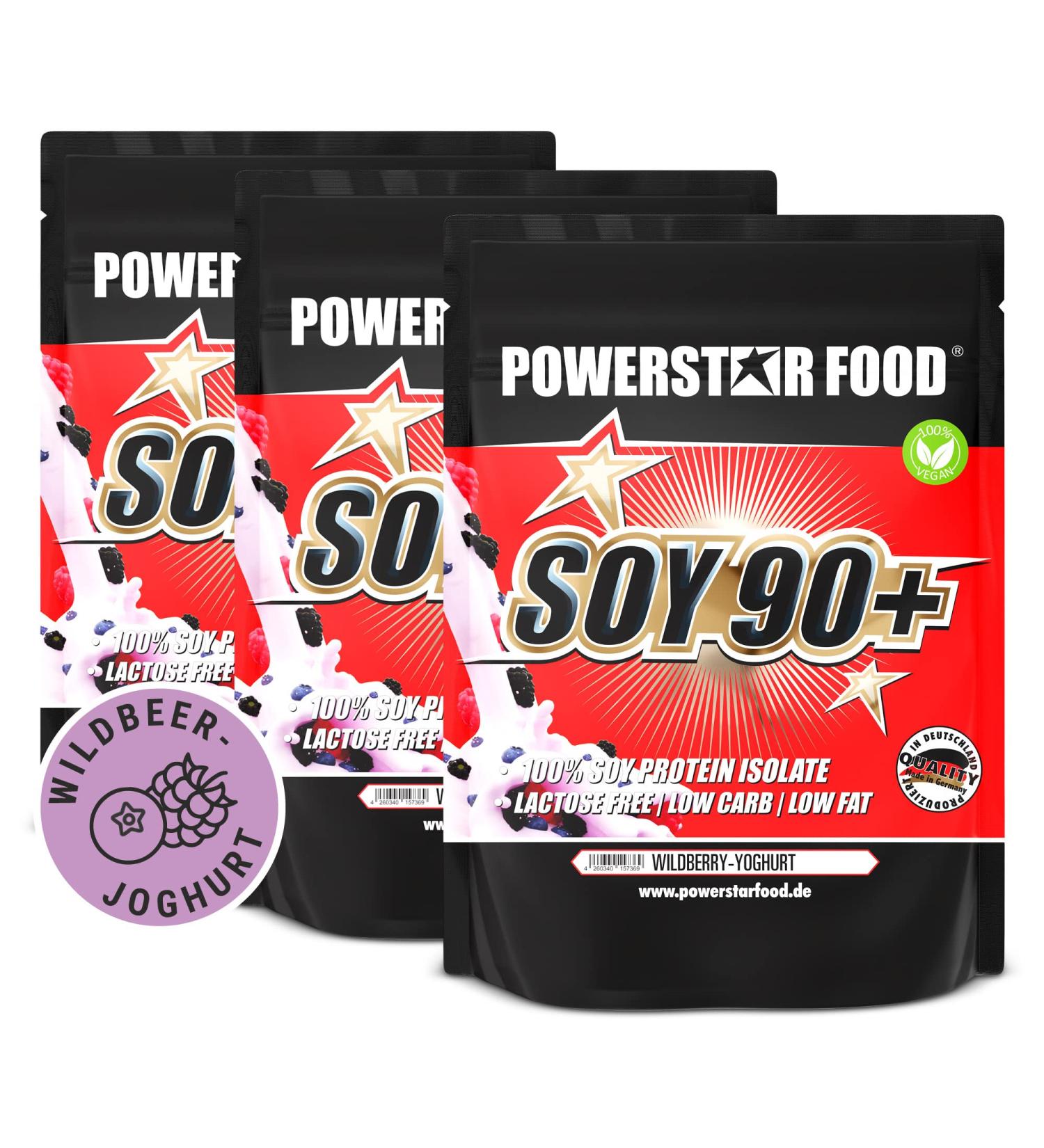 Powerstar Soy 90+ | 3kg Vegan Protein Powder | 93% Protein | Sugar-Free | Made in Germany | Lactose-Free | Wild Berry Yoghurt 1kg (3-Pack) - Buy Online on GoSupps.com