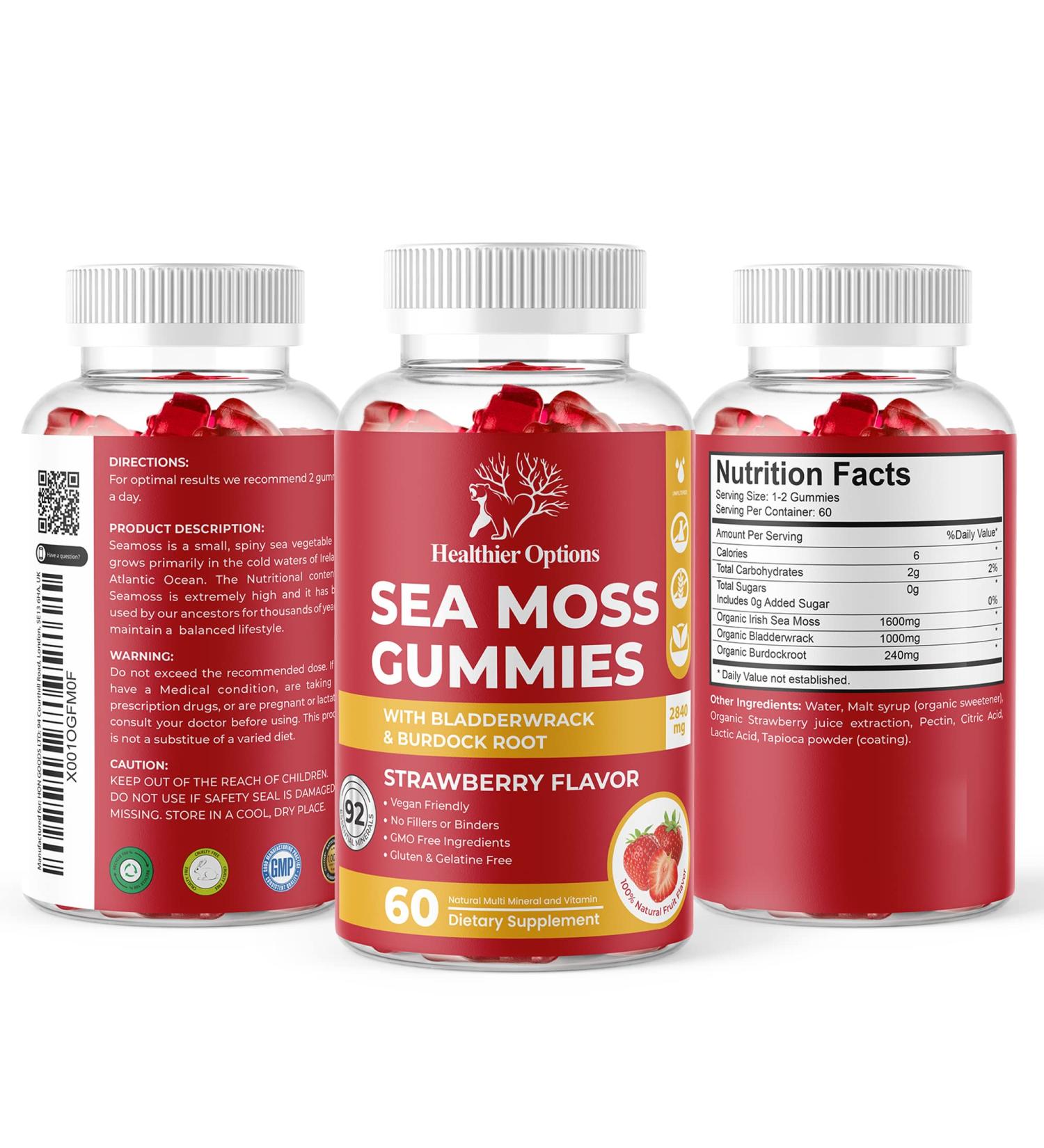 Organic Irish Sea Moss Gummies with Bladderwrack & Burdock Root - 2840 Mg | 60 Gummies | Strawberry Flavour | Vegan Gluten Free Non GMO - Buy Online on GoSupps.com