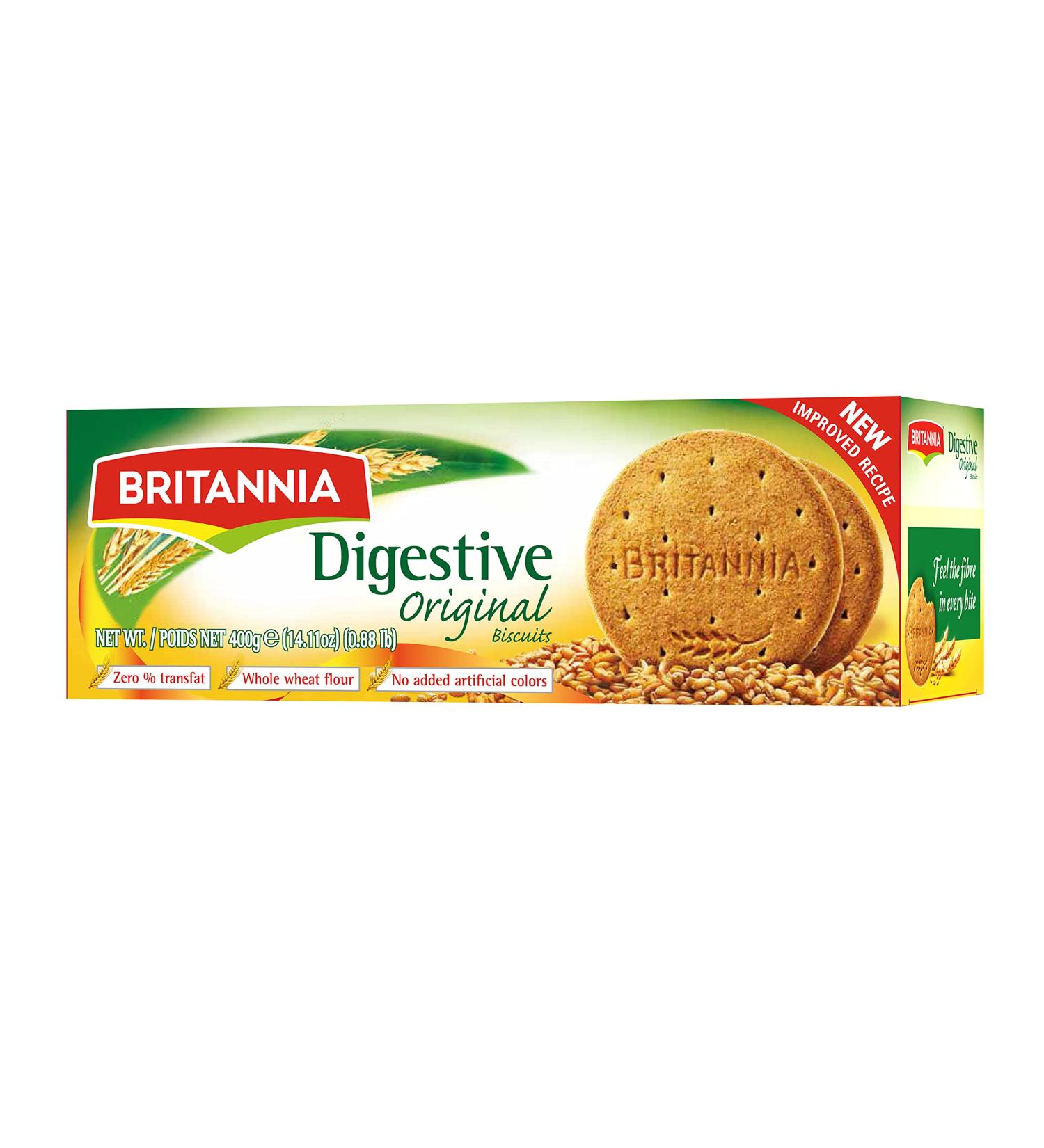 Britannia Digestive Biscuits Pack of 12 (12 x 400g) - Whole Wheat Cookies High Fiber Healthy snacks for Adults and kids.