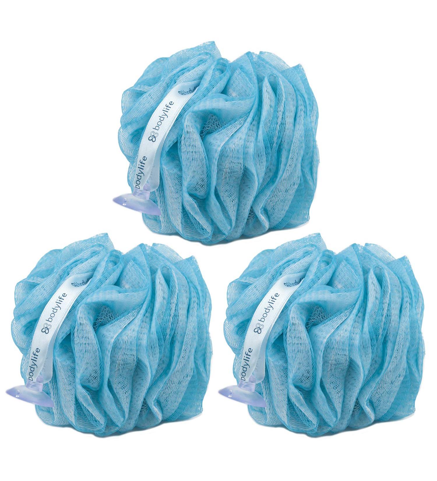 Bodylife Body Buffer Puff Exfoliating Bath & Shower Body Pouf Scrunchie Body Scrubber Blue & White 55g Triple Pack