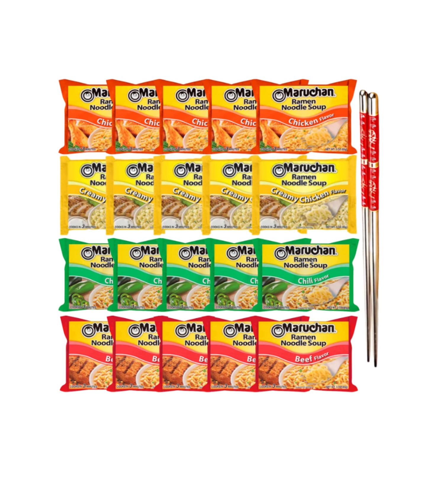 Ja Cor Instant Ramen Noodles Soup Variety Pack 4 Flavors: (5) Chicken (5) Creamy Chicken (5) Chili (5) Beef Noodle Flavor 3 oz Bundle with (1) Set of Reusable Chopsticks(20 Individual Packs) - Buy Online on GoSupps.com
