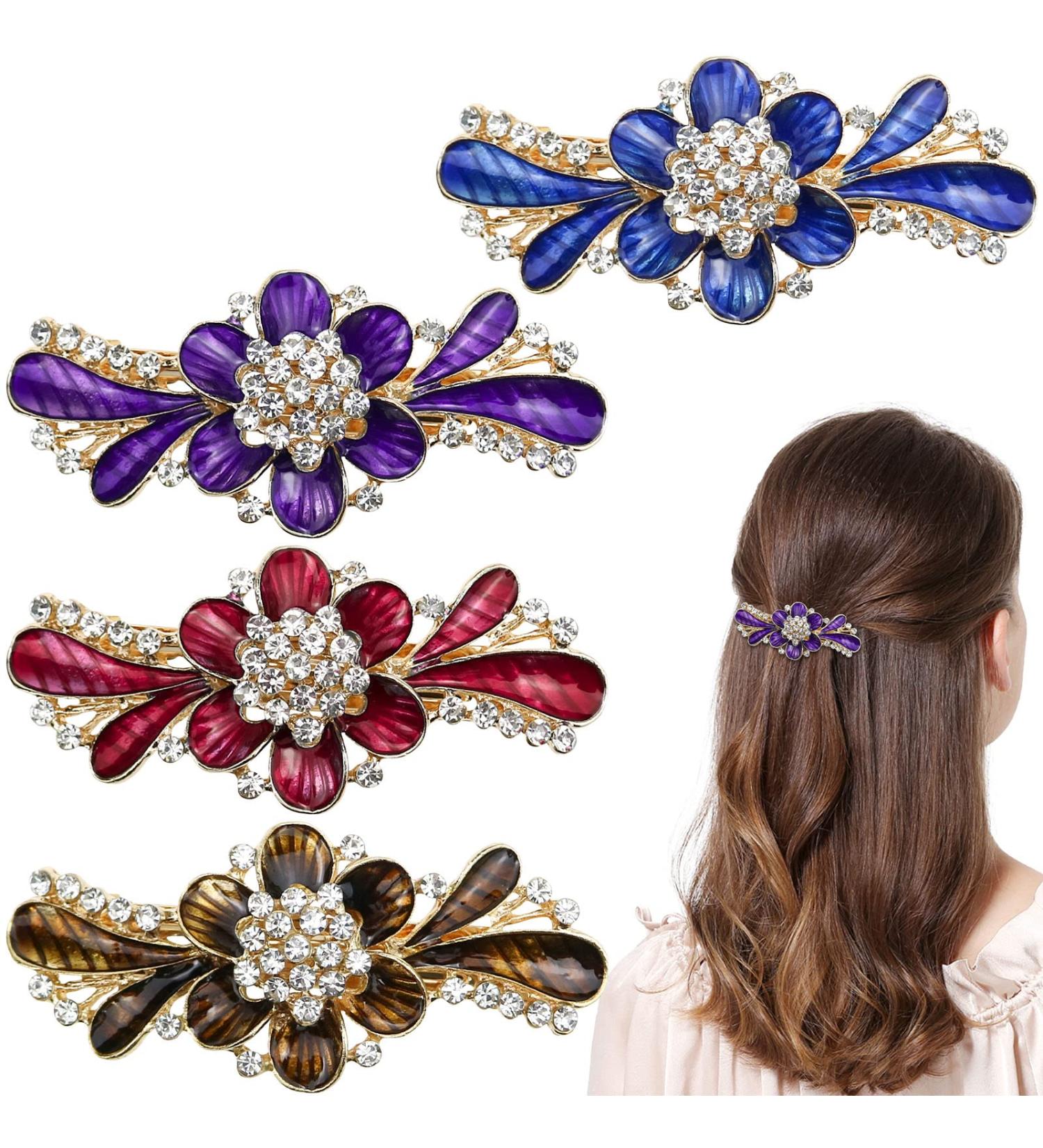 4pcs Vintage Flower Design Glitter Rhinestone Hair Clips - Elegant Metal Hair Accessories for All Occasions - Buy Online on GoSupps.com