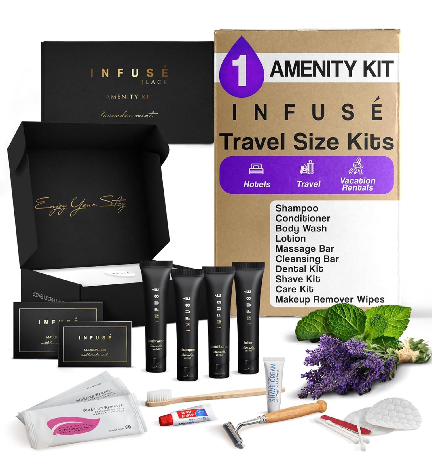 Infuse Black Amenity & Accessory Kit | 1 oz Travel Size Shampoo Conditioner Lotion Body Wash Body Bar 2 Cleansing Bar Shave & Dental Sets Make-Up Remover Wipes & Vanity Kit | 1 set per case 5 PIECES (BOXED WITH ACCE  - Buy Online on GoSupps.com