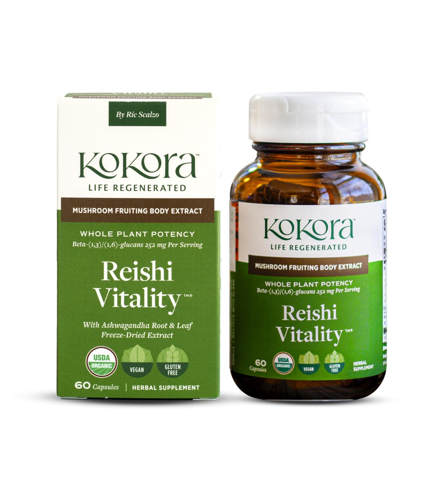 kokora Reishi Vitality - Organic Adaptogenic Mushroom Supplement - Includes Potent Extracts of Reishi and Ashwagandha - 60 Capsules - 30 Servings - Buy Online on GoSupps.com