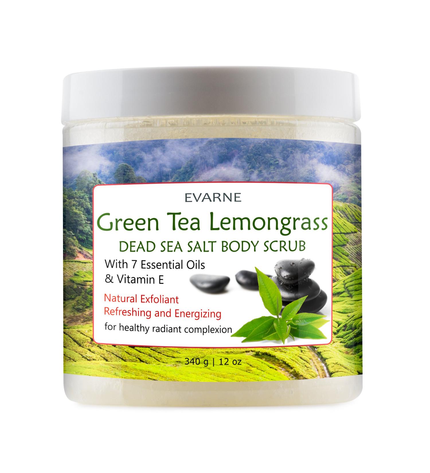 Revitalize Your Skin: Green Tea Lemongrass Dead Sea Salt Body Scrub with 7 Essential Oils & Vitamin E - International Shipping Available - Buy Online on GoSupps.com