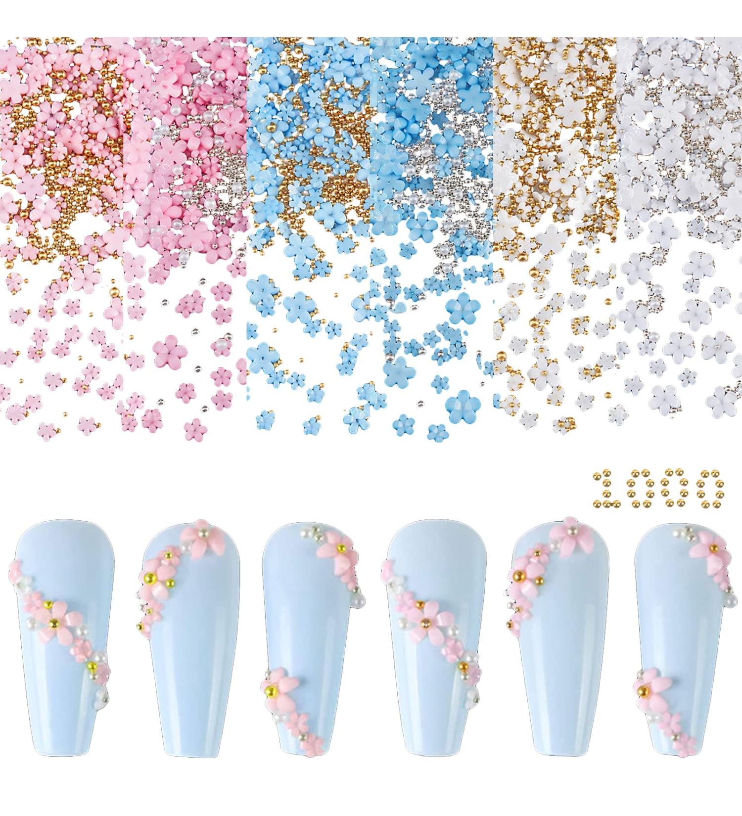 6 Bags Flower Nail Art Charms with Gold & Silver Beads - 1000Pcs 3D Five-Petal Flower Ornaments for DIY Nail Design - Nail Art Supplies - Buy Online on GoSupps.com