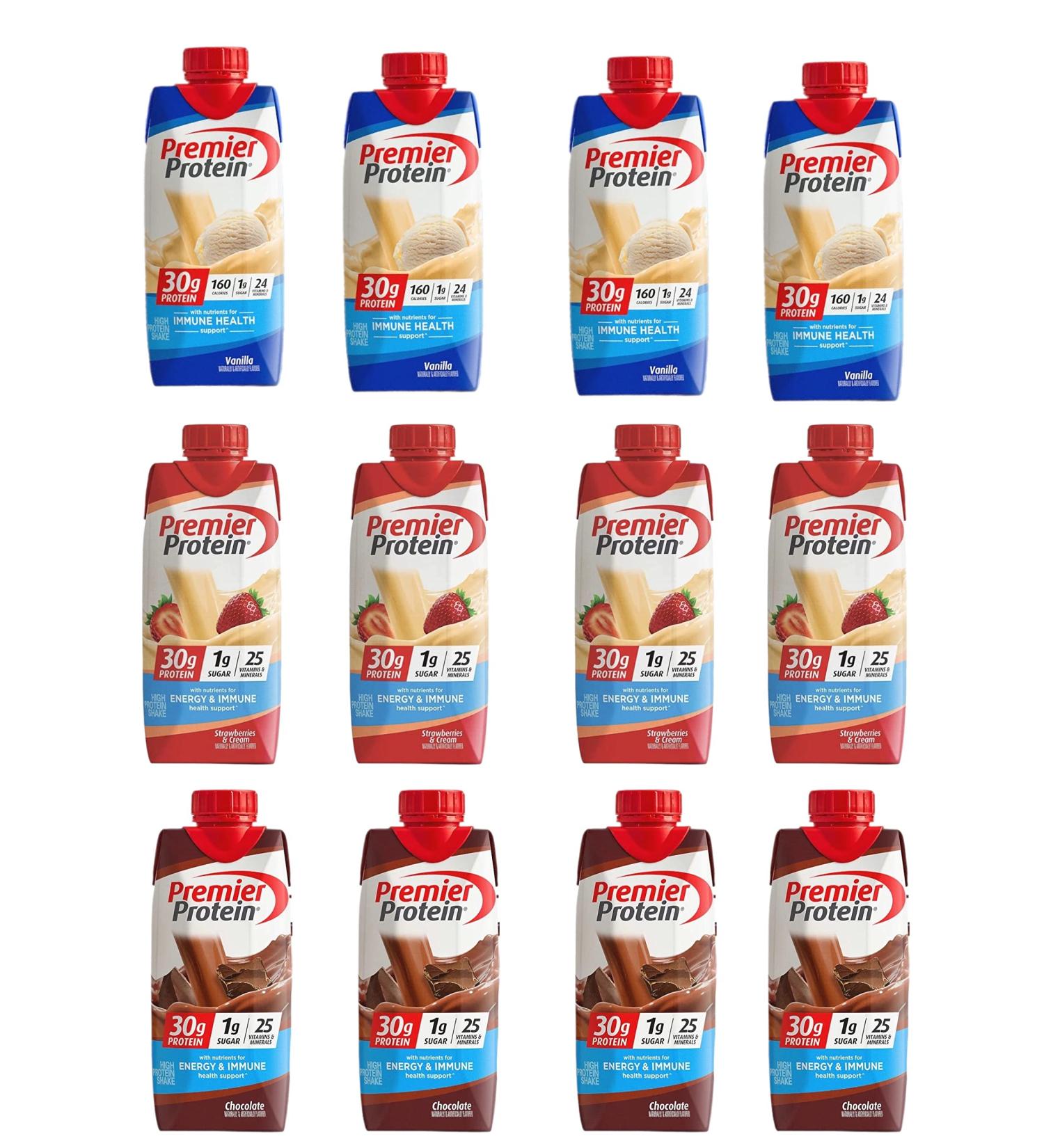 Premier Protein High Protein Shake Variety Pack 12pk - Strawberry Cream, Chocolate, Vanilla - 11 Fl oz - World Group Packing Solutions - Buy Online on GoSupps.com