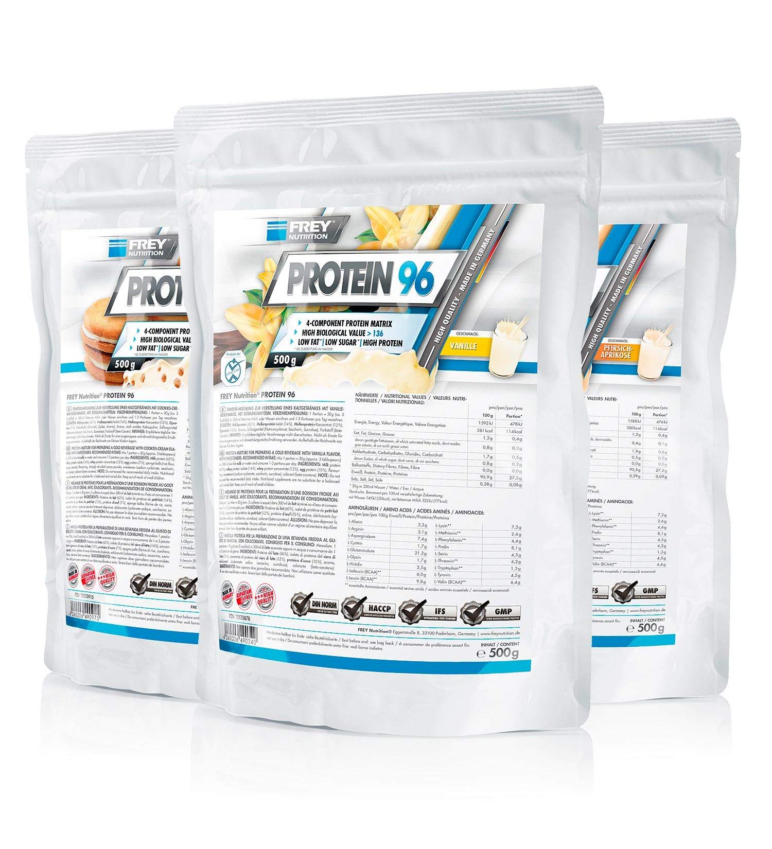 Frey Nutrition Protein 96 Vanilla 3x500g - Low Carb High Casein Ideal for Diets - Made in Germany - Buy Online on GoSupps.com