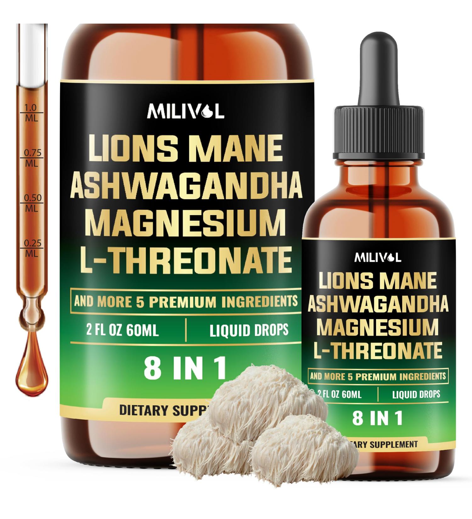 MILIVOL 8in1 Lions Mane Liquid Drops with Ashwagandha Root, Magnesium L-Threonate & 5 Herbs - Mood Balance, Brain Health, Immune - 60 Days Supply - 2Fl oz - Buy Online on GoSupps.com