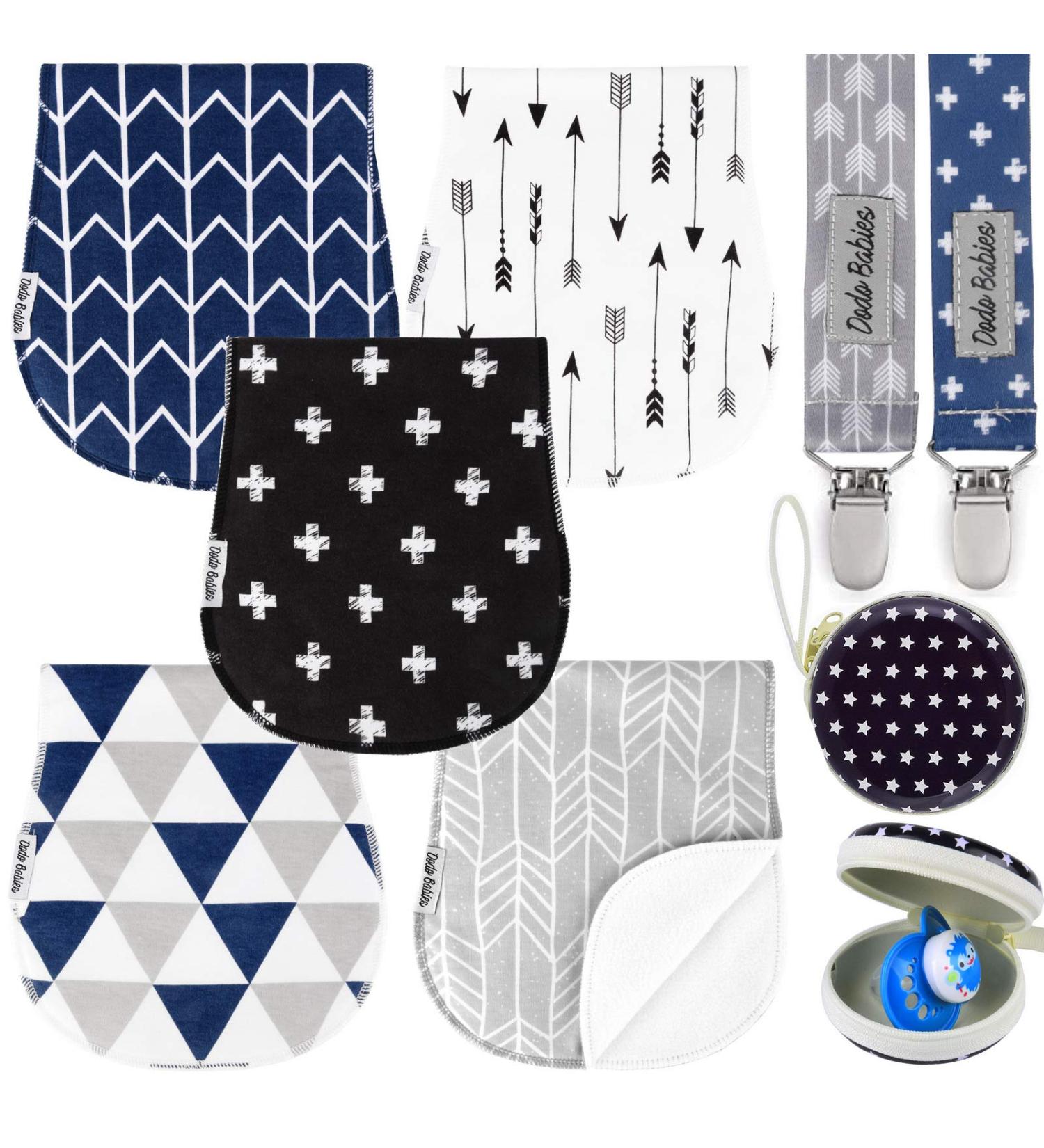 Dodo Babies 5-Pack Baby Burp Cloths with Pacifier Case and Clips - Soft Absorbent Cotton - Black, Blue, Grey & White - Buy Online on GoSupps.com