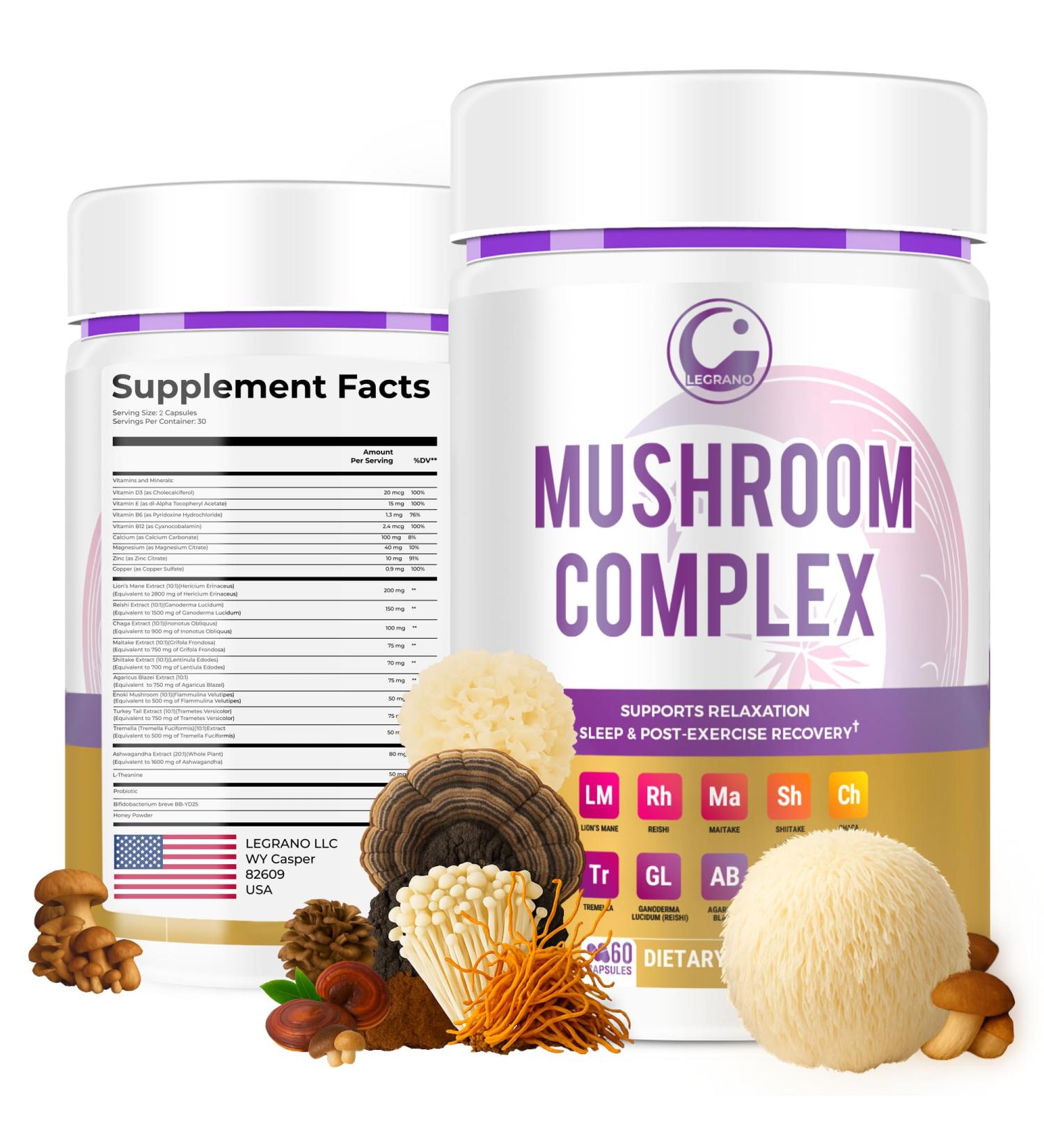 LEGRANO Premium Evening Mushroom Supplement Capsules with Lion s Mane Reishi Mushroom Turkey Tail Chaga Ashwagandha L-Theanine Vitamins & Minerals Adaptogenic Mushrooms for Relaxation & Sleep - Buy Online on GoSupps.com