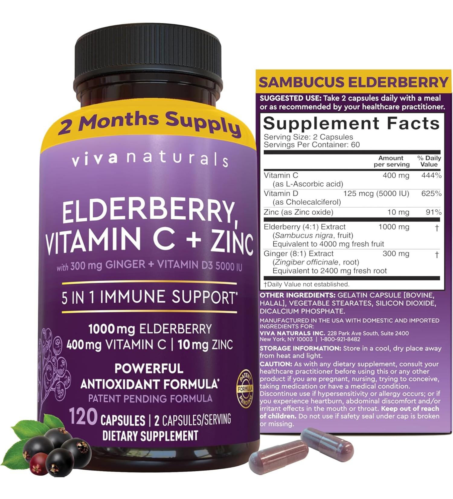 Viva Naturals Elderberry Immune Support Supplement - 120 Vegan Capsules for Immunity Boost - Buy Online on GoSupps.com
