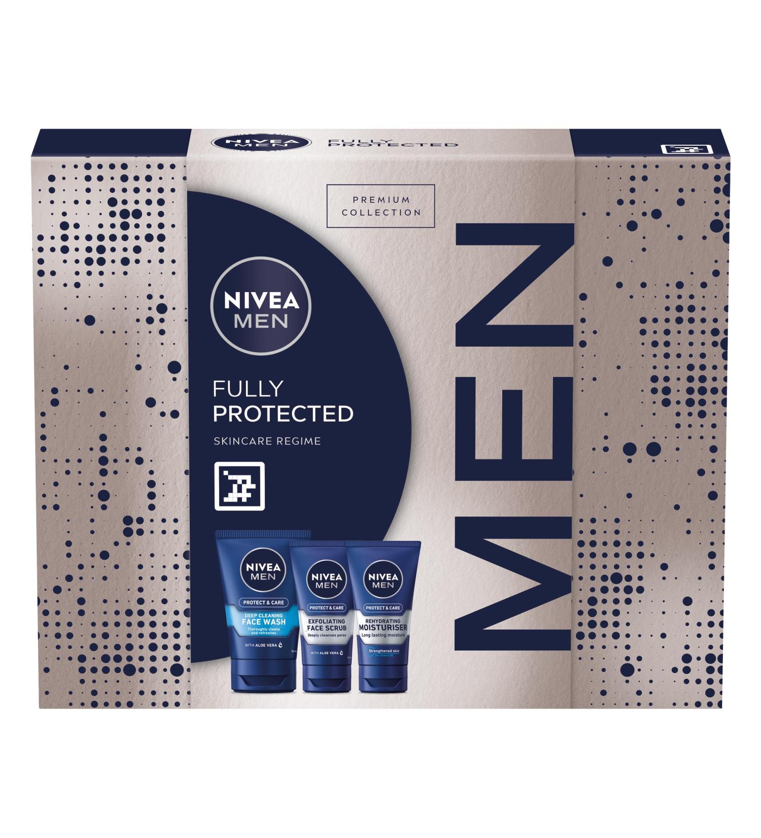 NIVEA MEN Fully Protected Gift Set (3 Products) Men's Skincare Gift Set with Face Wash Exfoliating Scrub and Moisturiser Perfect as Christmas or Birthday Gift for Him - Buy Online on GoSupps.com