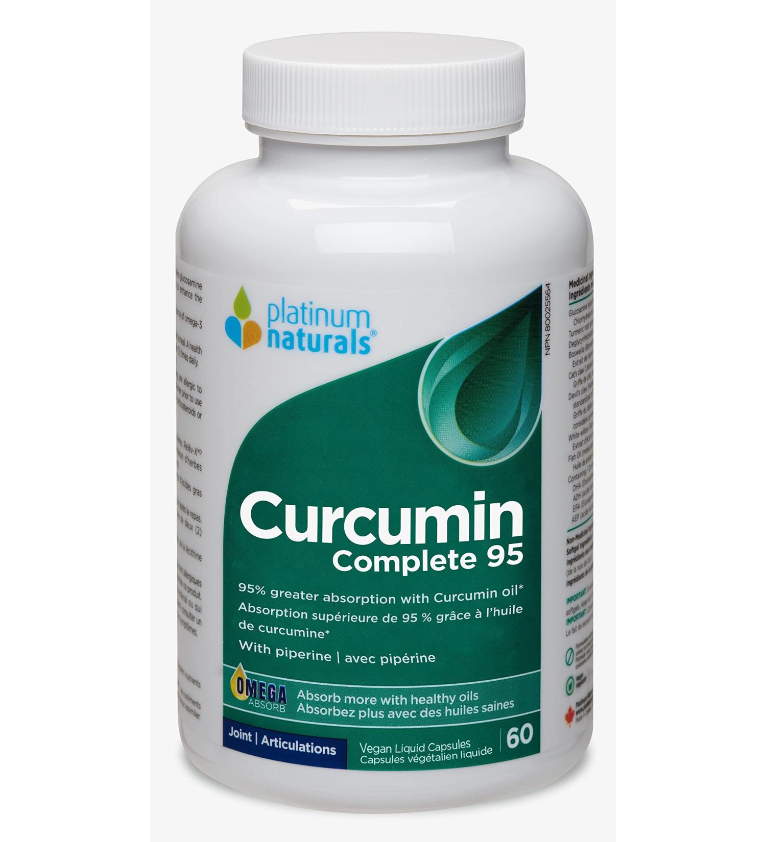 Platinum Naturals Curcumin Complete 95-60 High Absorption Vegan Liquid Capsules 250mg Turmeric Derived Supplement - Enhanced Joint Comfort & Mobility Potent Antioxidant for Brain & Skin Support 60 count (Pack of 1)