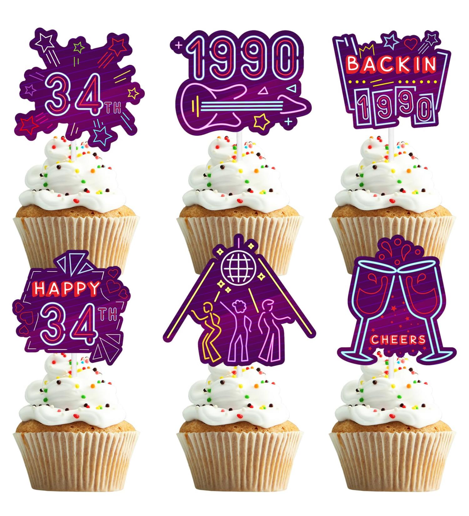 18pcs Purple Glitter Disco Ball Guitar Dessert Cupcake Topper Cheer to Let s Glow Crazy Backing 1990 Retro 80s 90s Hip Hop Disco Theme Decor Supplies Happy 34th Birthday Party Decorations - Buy Online on GoSupps.com