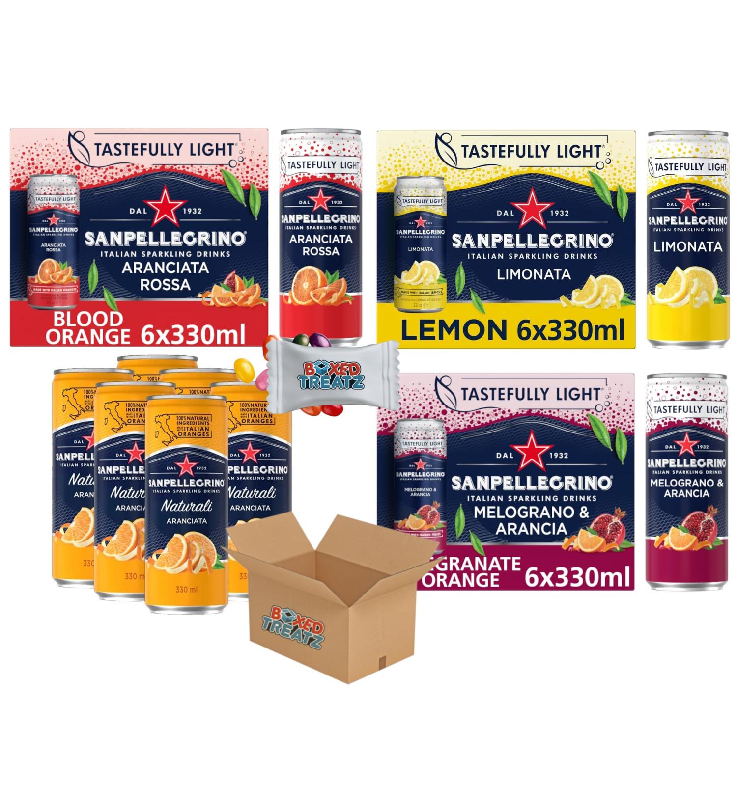 San Pellegrino Fizzy Soft Drink Mixed Case of 24-330ml Cans - Lemon Orange Blood Orange Orange & Pomegrante - Multi-Pack Of Refreshing Flavours Boxed Treatz - Buy Online on GoSupps.com