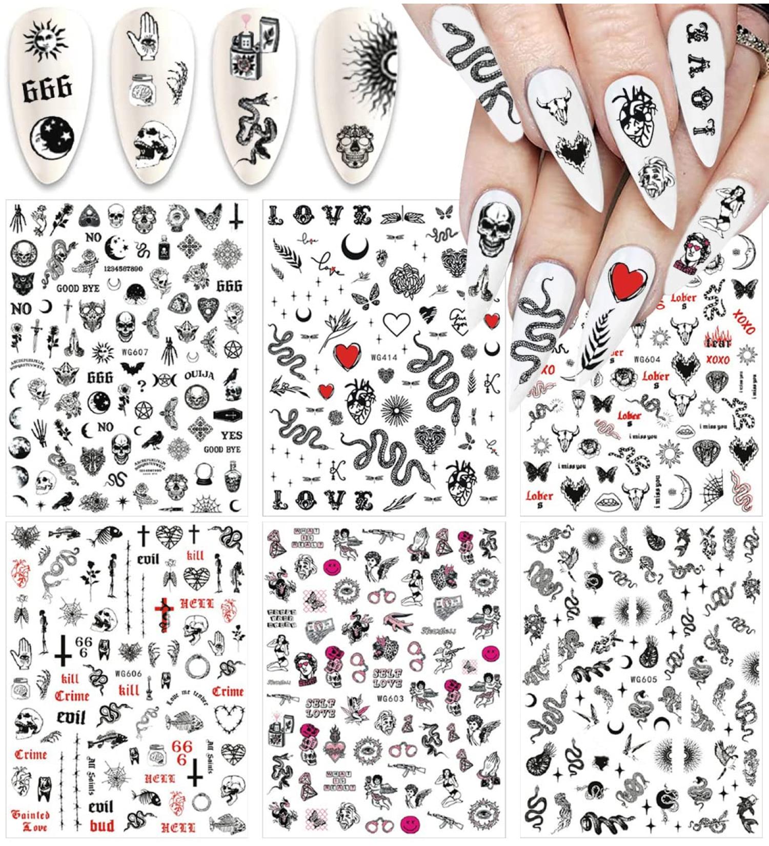 Dark Skull Heart Cupid Angel Lips Ghost Nail Art Stickers - 3D Self Adhesive Decals for Acrylic Nails (6 Sheets) - Buy Online on GoSupps.com