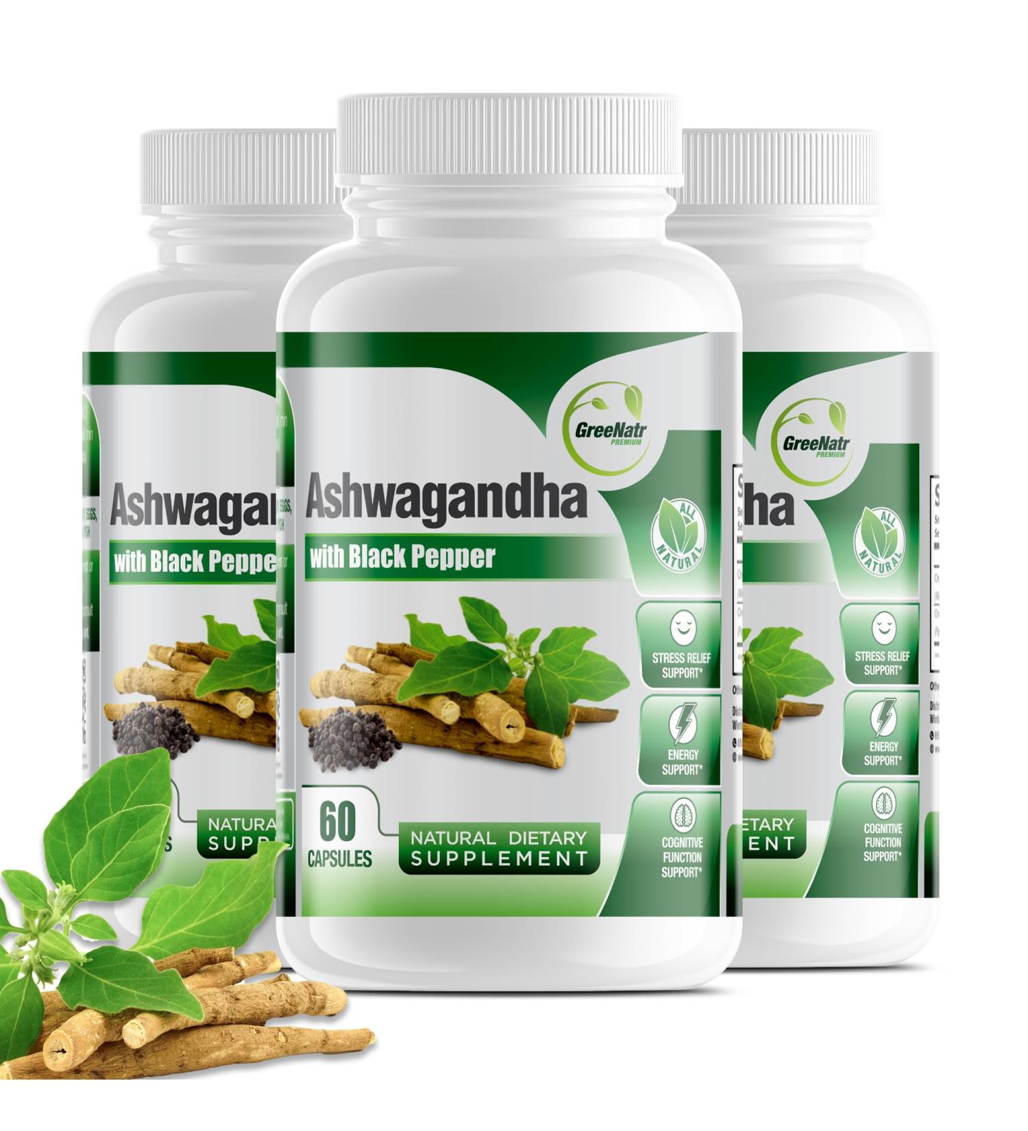 GreeNatr Organic Ashwagandha Capsules with Black Pepper for Enhanced Absorption - Mood Enhancer with Energy and Cognitive Function Support - 1300 mg Veggie Capsules (3 Bottles) - Buy Online on GoSupps.com