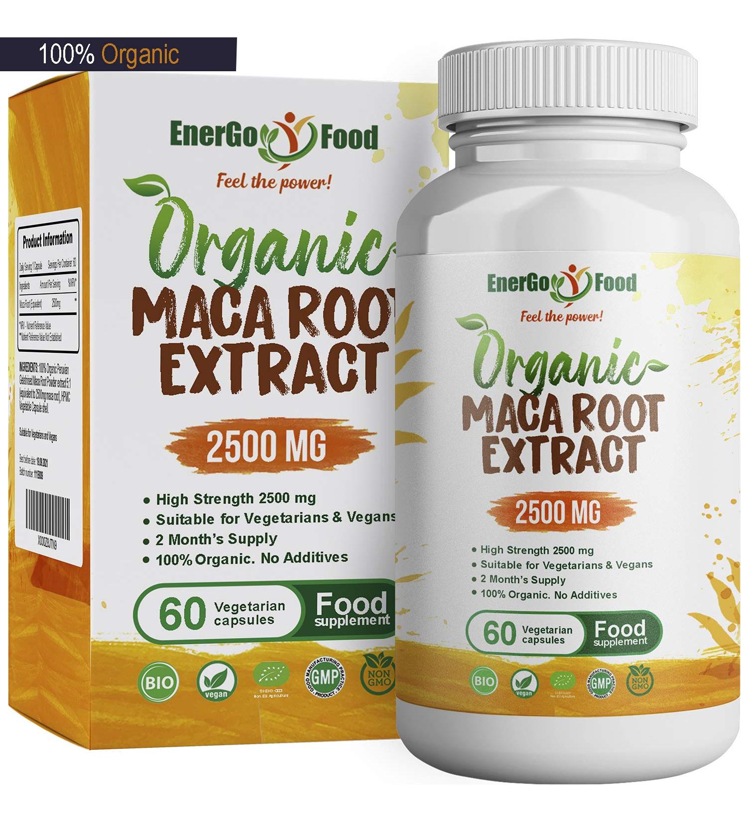Organic Maca Root Capsules 2500mg - High Strength Superfood with Vitamin C, B6, Copper & Iron - Pure Peruvian Maca Supplement by EnerGoFood - 60 Vegan Capsules - Buy Online on GoSupps.com