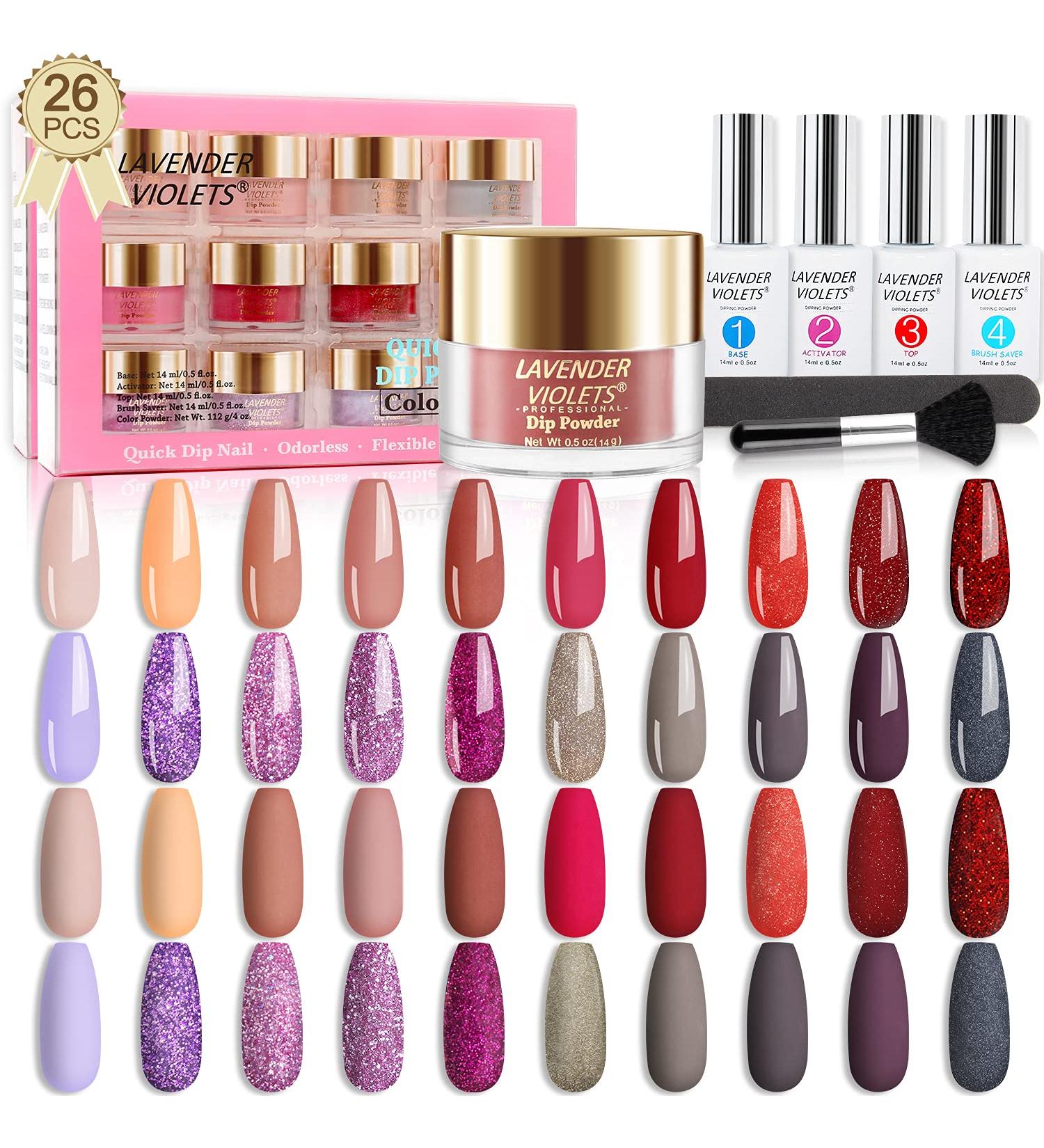 Lavender Violets 26PCS Dip Powder Nail Kit Starter - Red Solid Glitter Colors - Base Top Activator Brush Saver - Nail File Included - Buy Online on GoSupps.com