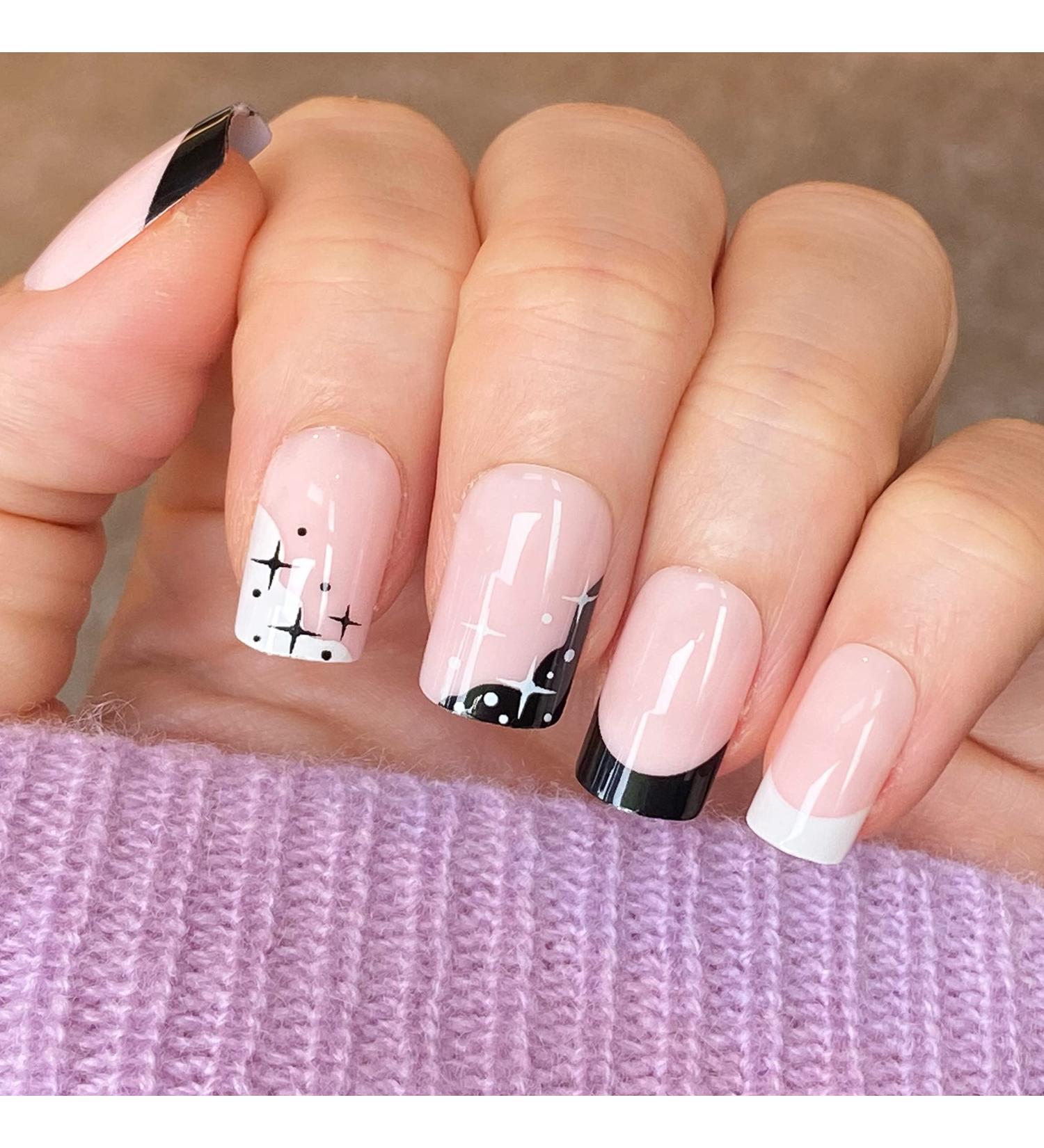 NOVO OVO Short Square Pink Gradient French Tip False Press on Nails - Stars Zodiac Elegant Acrylic Kit for Valentine's - Buy Online on GoSupps.com