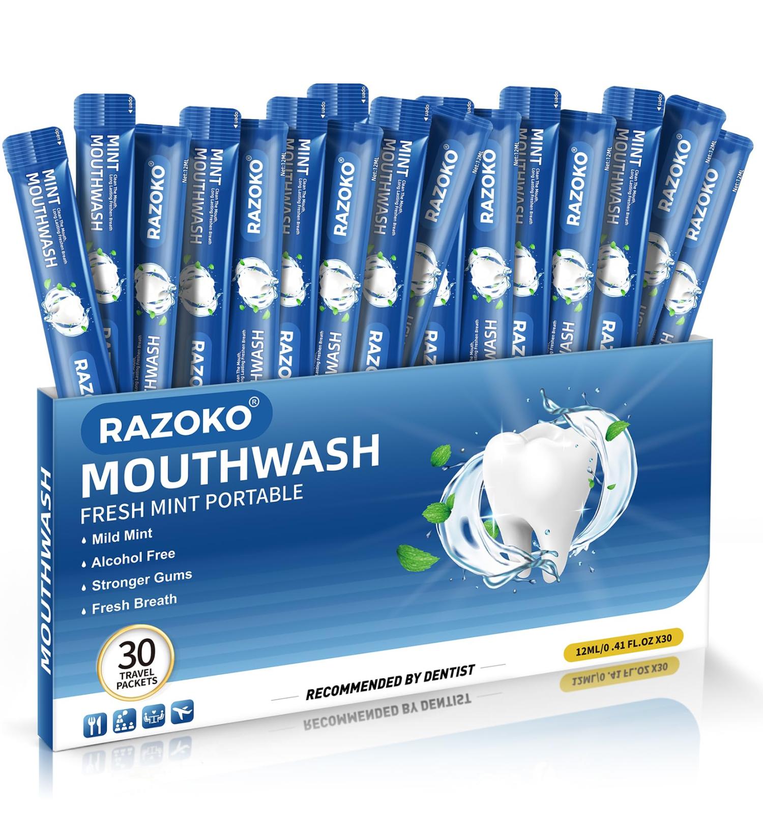 RAZOKO Mouthwash Travel Size-Portable Fresh Mint Packets,Alcohol & Fluoride Free Mouthwash,Disposable Oral Care Strips Mint 0.41 Fl Oz (Pack of 30) - Buy Online on GoSupps.com