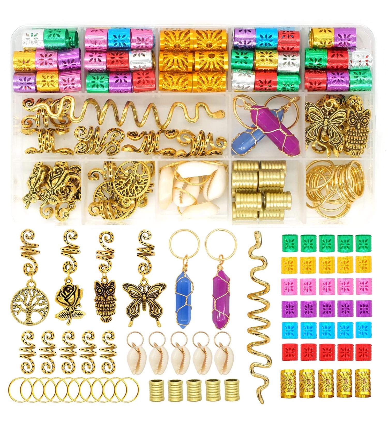 Dreadlocks Loc Hair Jewelry 125pcs Set | Crystal Gemstone Pendant Hair Accessories | Gold & Colorful Hair Rings for Braids | Cute Butterfly, Rose, Shell & Snake Pendants - Buy Online on GoSupps.com