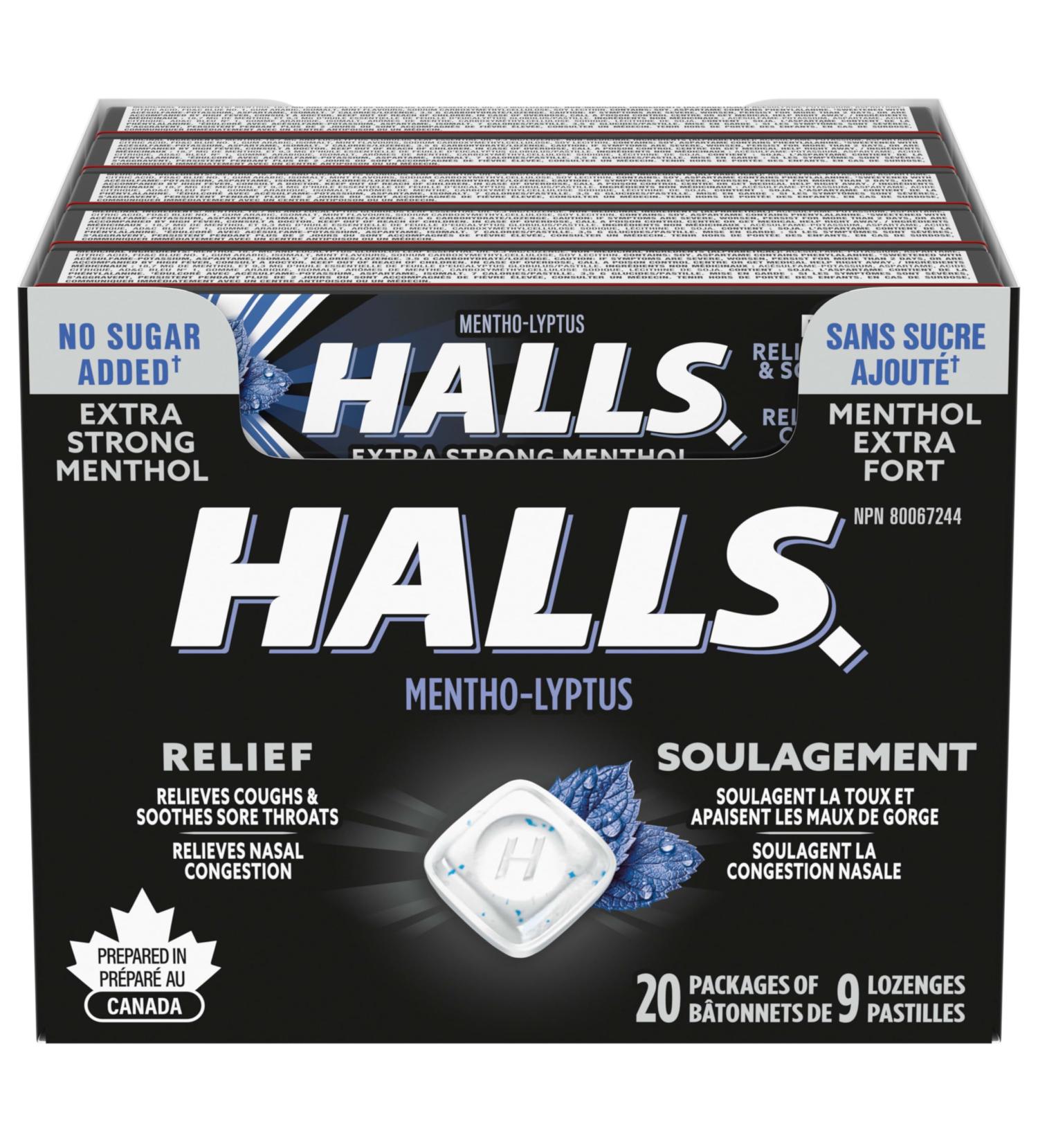 HALLS No Sugar Added Extra Strong Cough Drops Throat Lozenges Sore Throat Relief Mentho-Lyptus 9 Lozenges Cough Drops Extra Strong Singles (Full Tray) - Buy Online on GoSupps.com