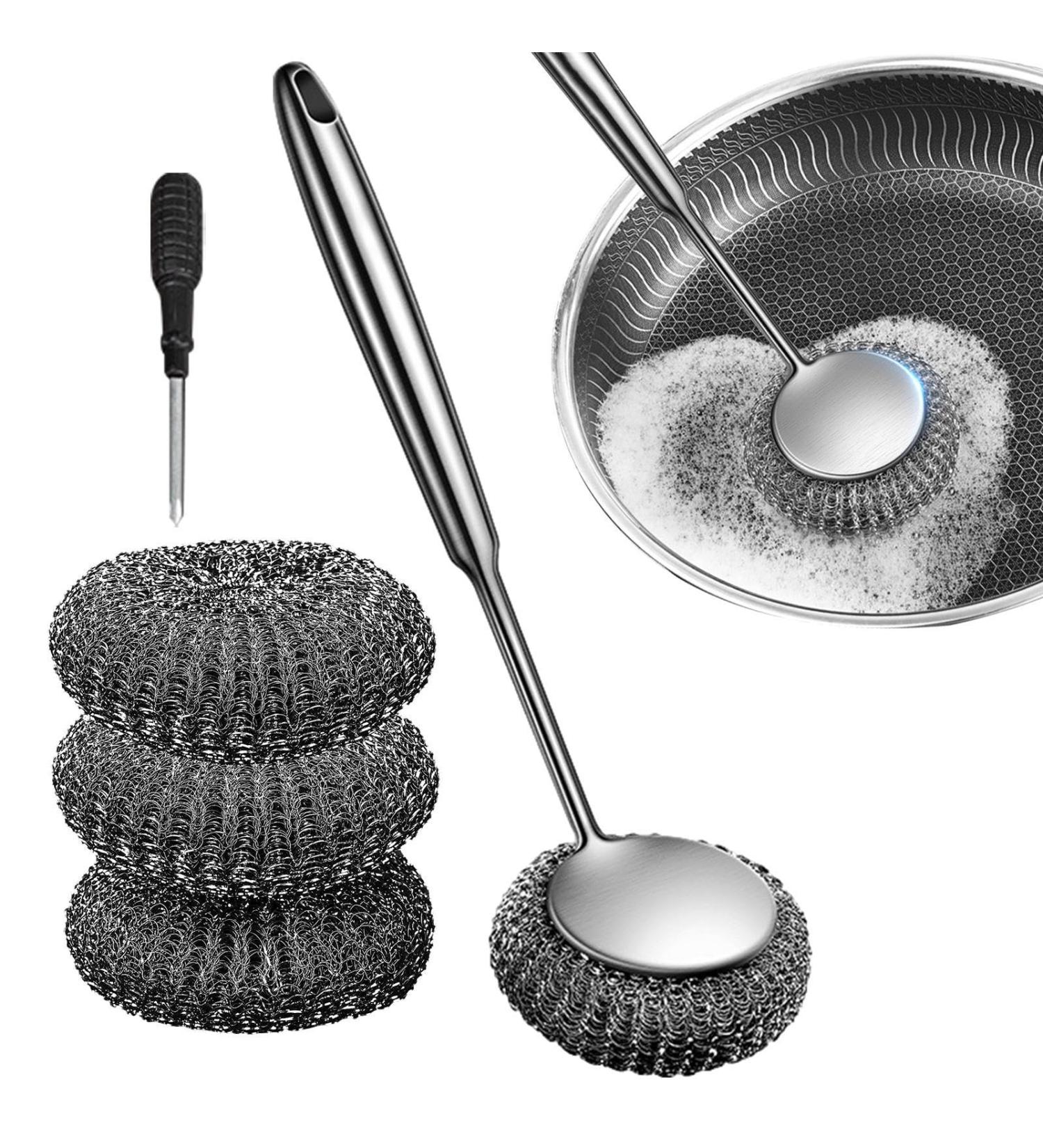 Stainless Steel Scrubber Handle 304 Steel Wool Scrubber Kitchens Steel Wool Scrubber with Long Handle Stainless Steel Scrubbing Scouring Handle Bathroom and More Strong Cleaning Ability for Kitchen - Buy Online on GoSupps.com