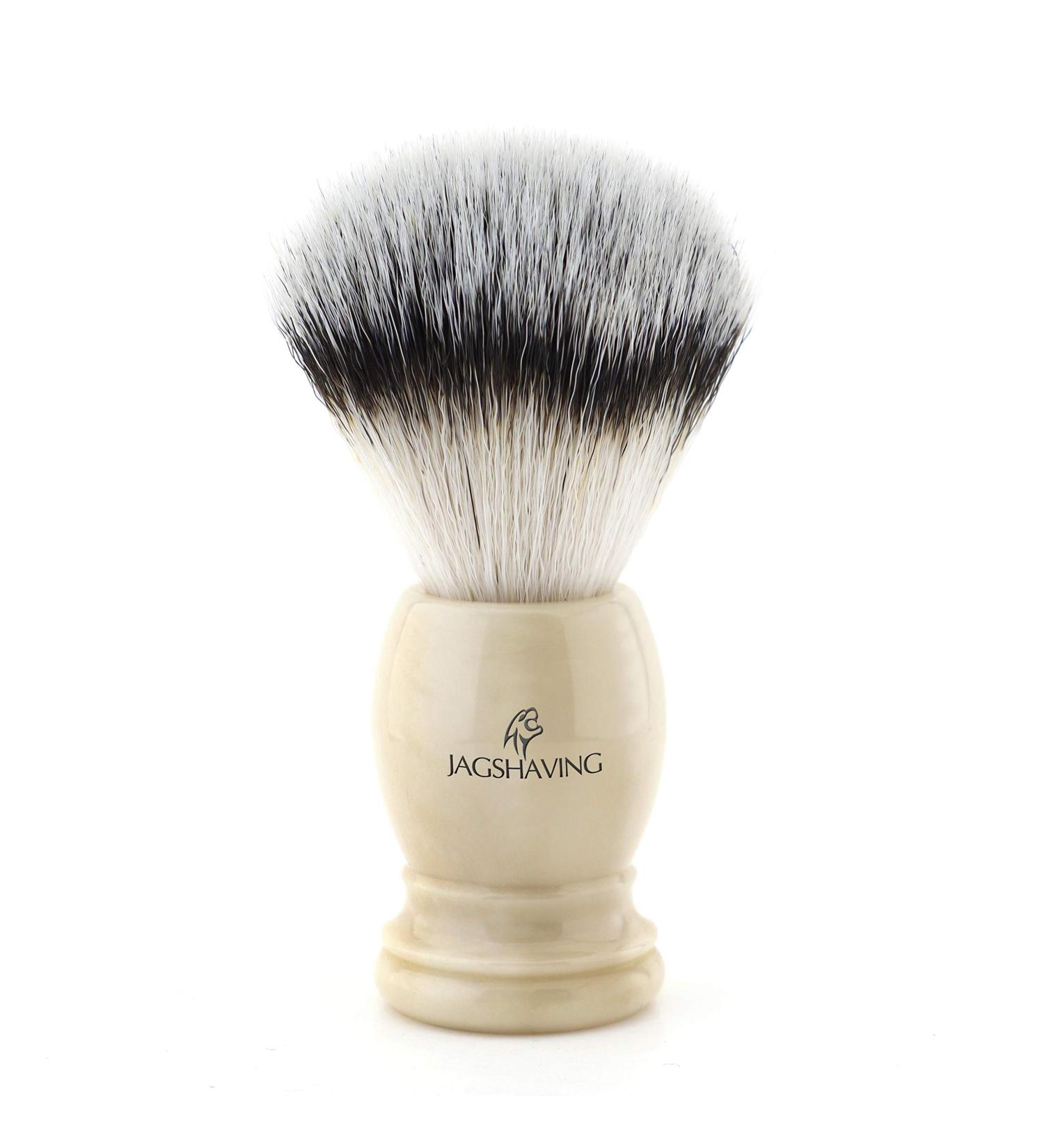 Gentleman's shaving brush with synthetic badger hair vegan bristles in ivory resin handle
