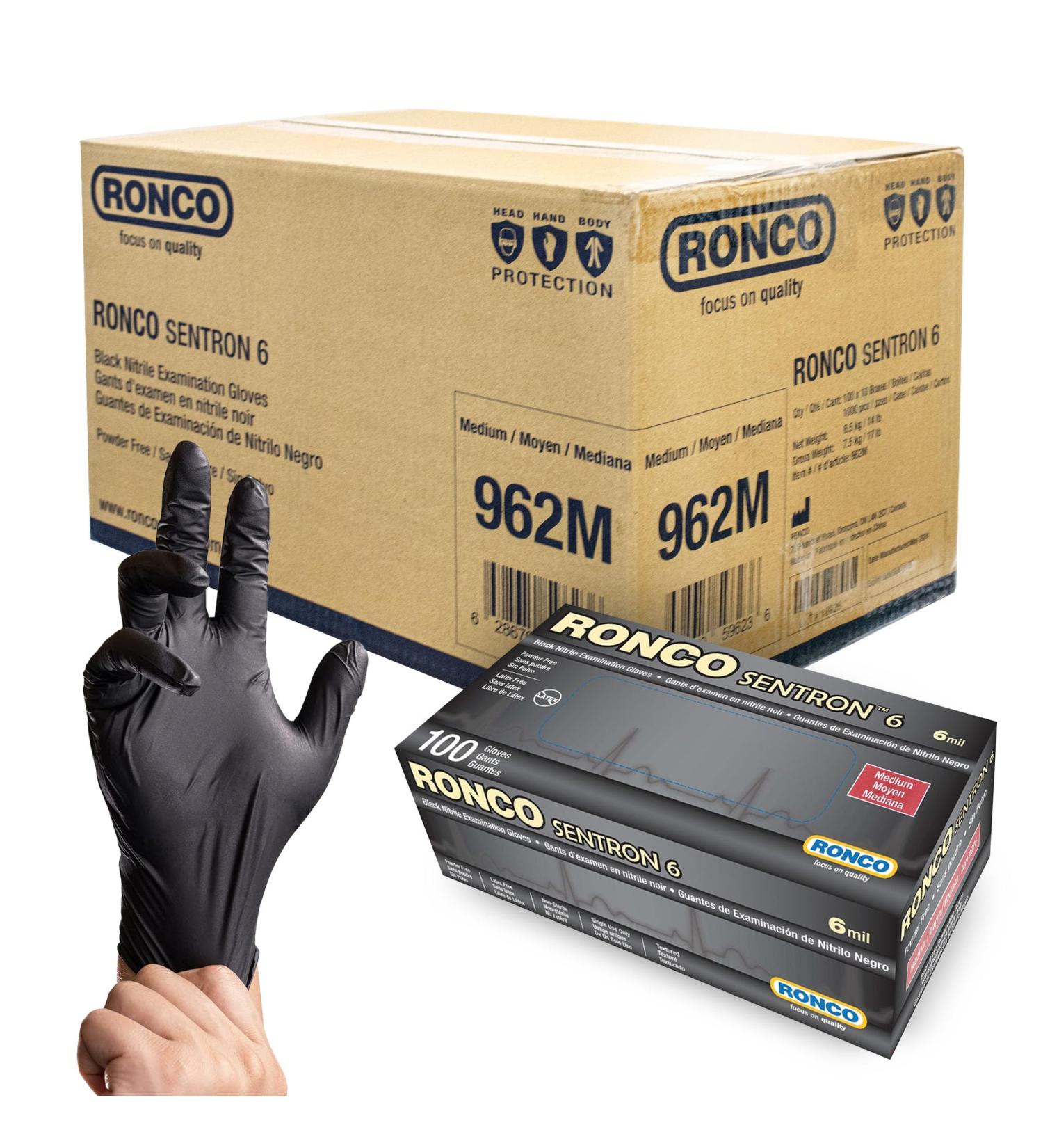 Ronco Sentron6 Medium Size Black Disposable Nitrile Gloves Heavy Duty Powder-Free Industrial Grade 6 MIL Thickness Textured Case of 10 Packs (1000 Gloves) - Buy Online on GoSupps.com