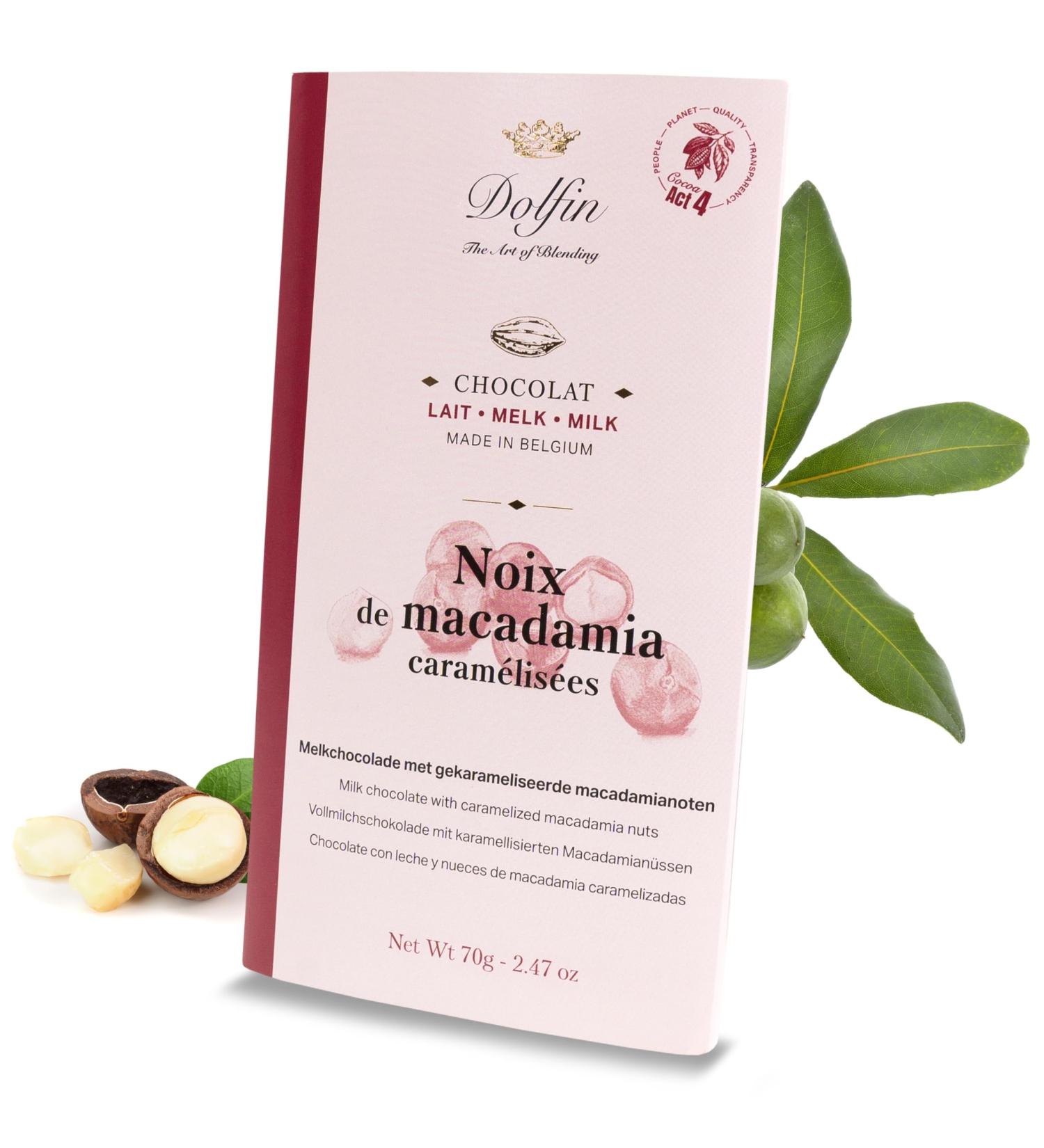 Dolfin Dolfin Milk Chocolate & Caramelized Macadamia Nuts - Rich & Creamy Tablet Chocolate Crunchy Nut Chunks - Gift Idea & Treats - No Artificial Flavours - Made in Belgium 70g