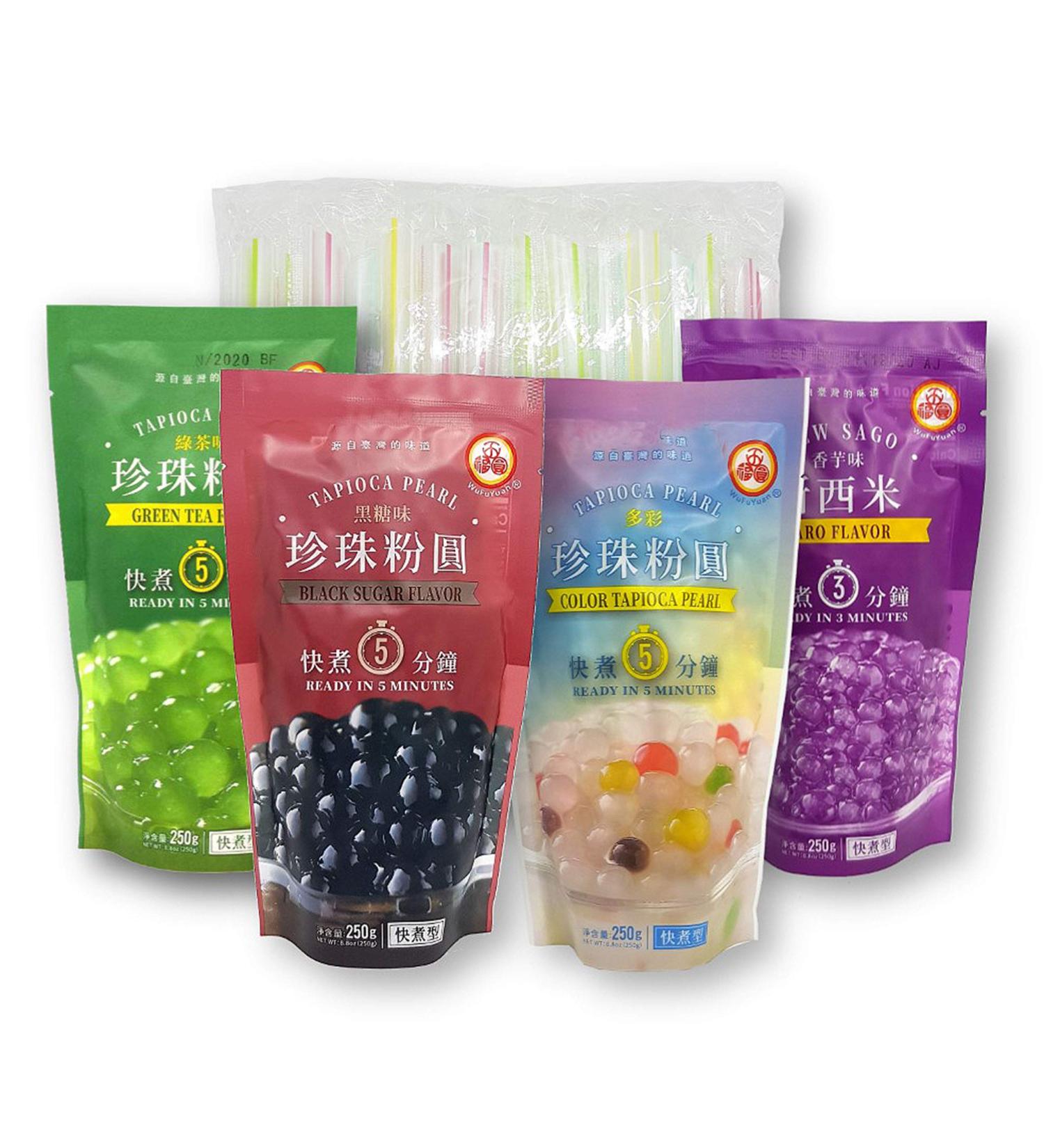 4-Pack WuFuYuan Boba Tapioca Pearls 4 Varieties Bundle with 1 Pk of 50 Boba Wide Straws Individually Wrapped Bubble Tea Ingredients - Buy Online on GoSupps.com