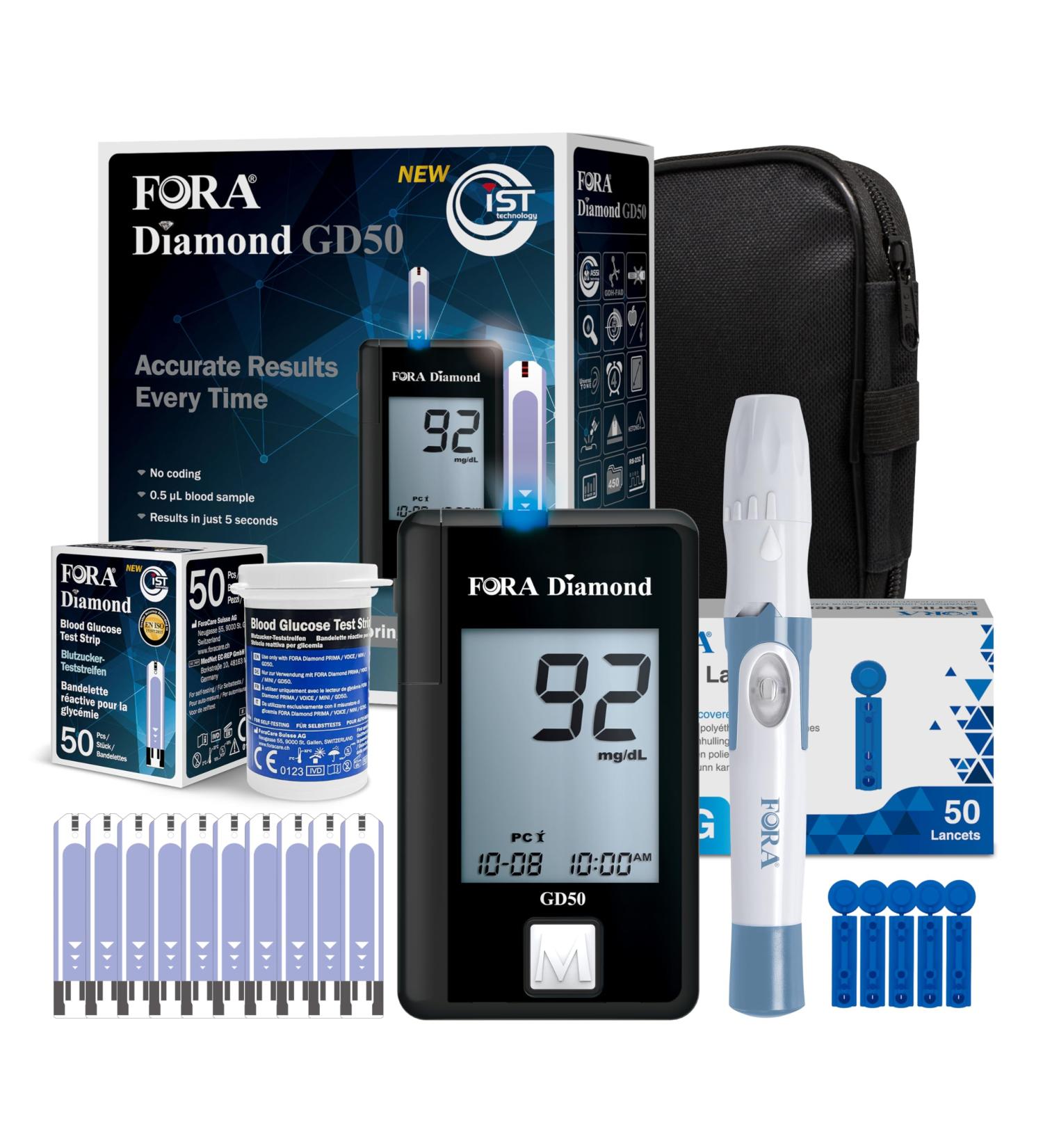 Fora Diamond GD50a blood sugar measuring device (MG/DL) with 60 blood sugar test strips and 60 lancets for diabetes for blood sugar self-control