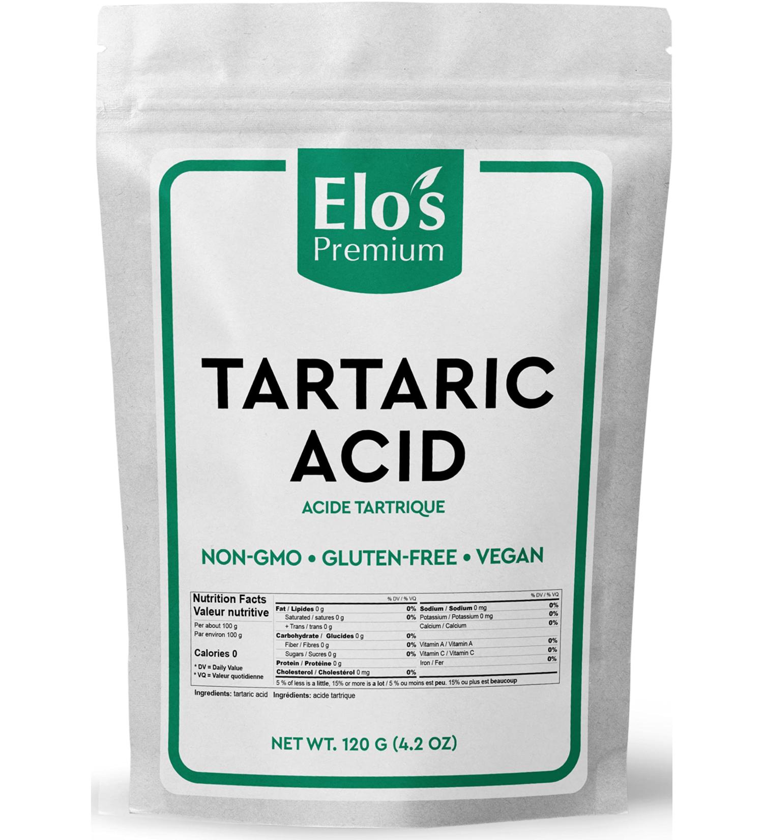 Tartaric acid (120g) by Elo s Premium |100% All-Natural Food Grade Food Additive & Antioxidant| Packed In Canada| Non-GMO Kosher and Halal Friendly Gluten Free| Used As An Acidulant In Grape/Lime Drinks Gelatin Desserts Jams Sour Candy and More - Buy Online on GoSupps.com