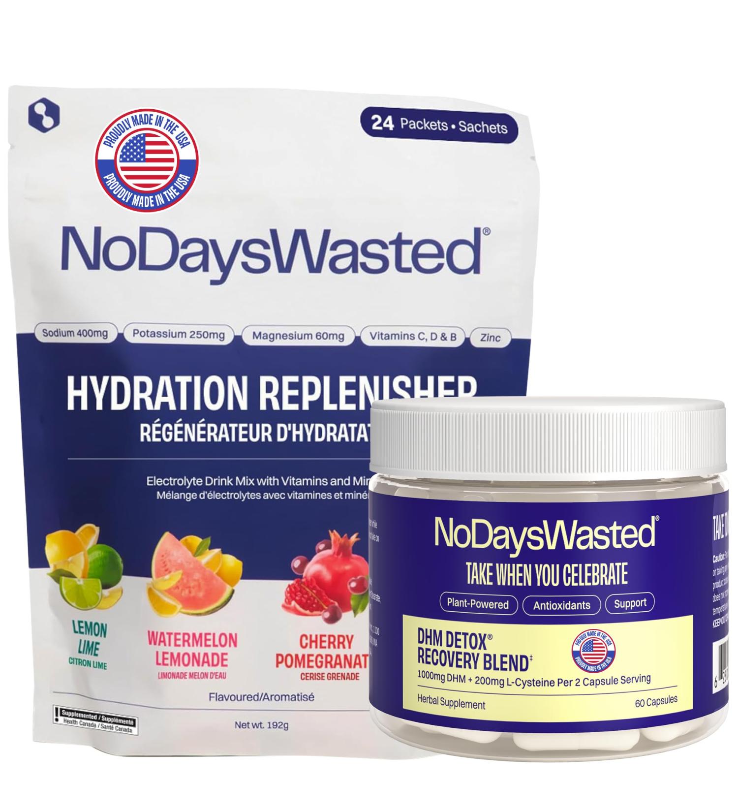 No Days Wasted DHM Detox 30 Servings (60 Capsules) - Dihydromyricetin (DHM Supplement) with Hydration Replenisher Electrolyte Replacement Stick Packets