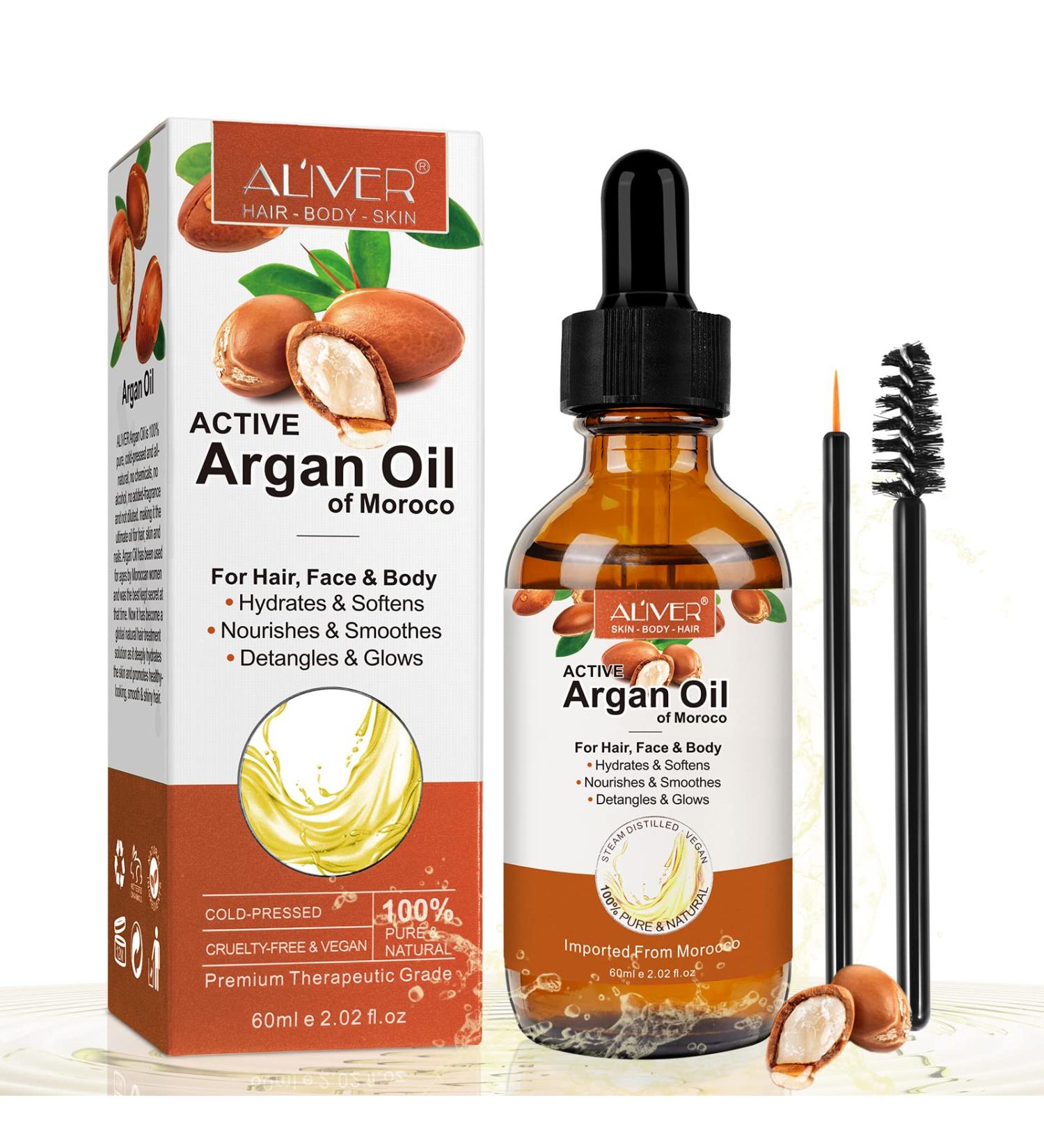 Organic Argan Oil 100% Organic & Pure Argan Oil for Hair Face &Body 60ml with Eyebrow&Eyeliner Brushes Rich in Vitamin E for Skin Hair & Nails |Damaged Hair | Nourishes And Moisturises Dry Hair - Buy Online on GoSupps.com