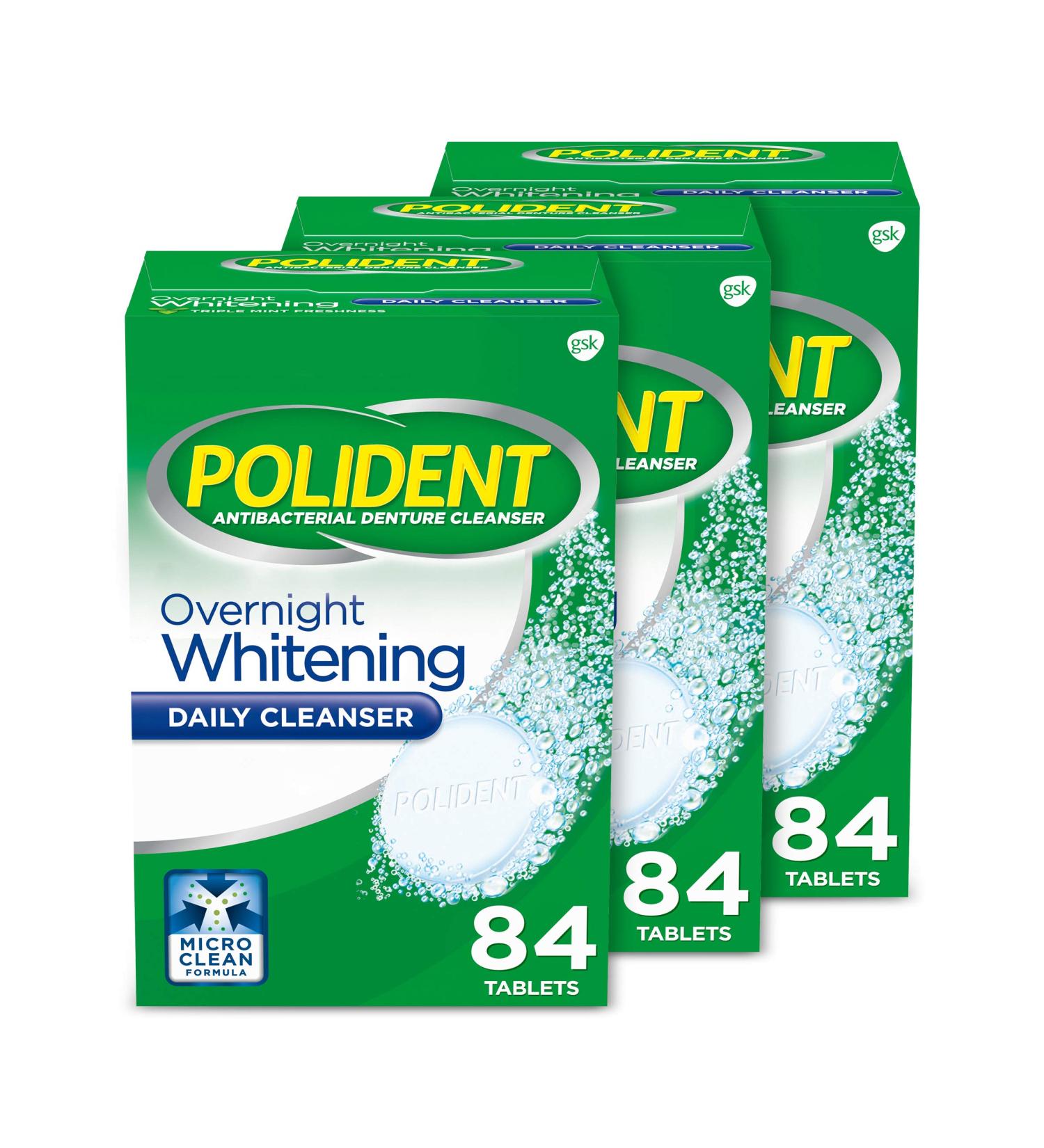 Polident Overnight Whitening Denture Cleaner Tablets - 84 Count (Pack of 3) - Buy Online on GoSupps.com