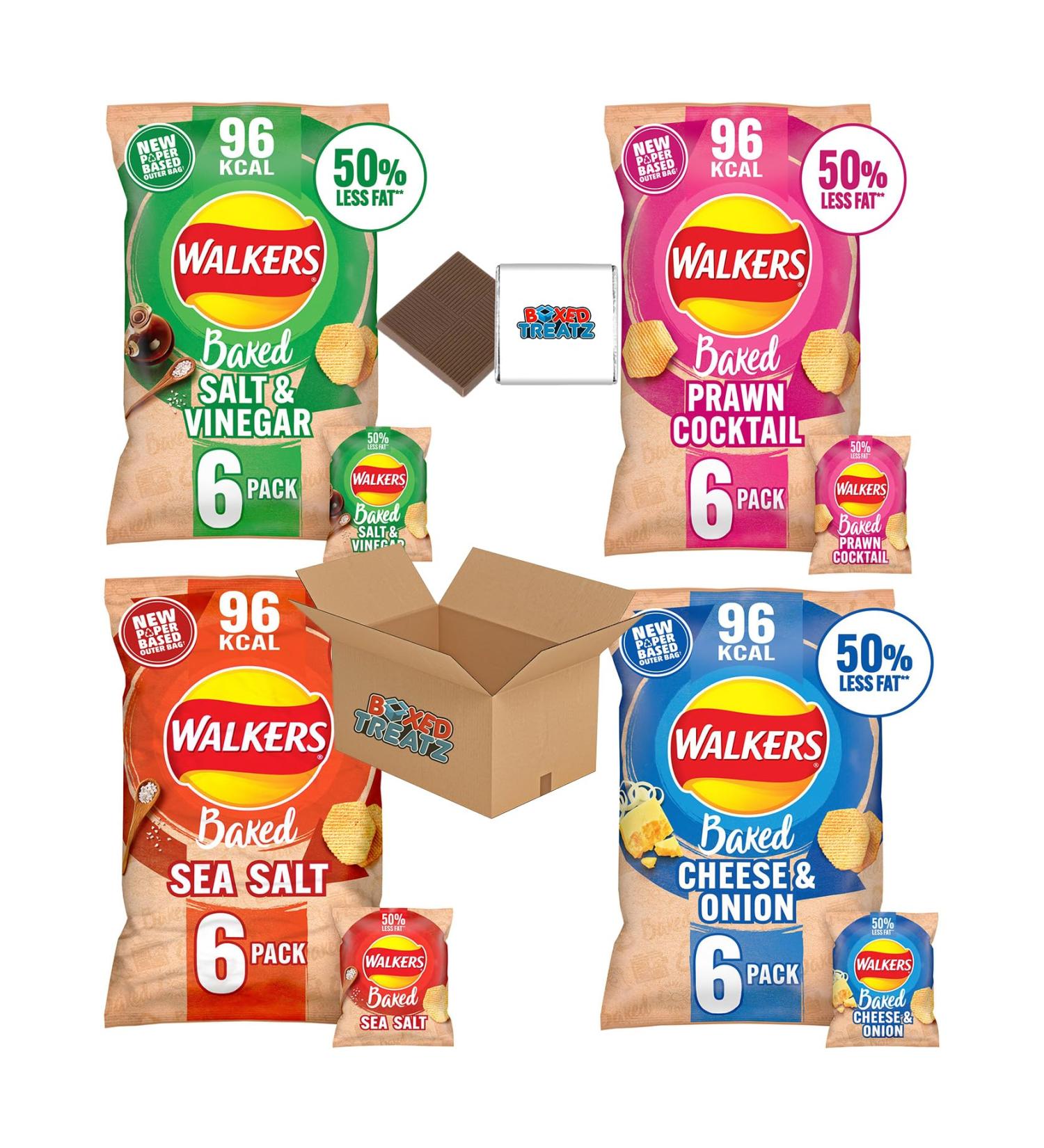 Walkers Variety Multipack Crisps (24X22g) 6x Sea Salt + 6x Cheese & Onion + 6x Salt & Vinegar + 6x Prawn Cocktail Boxed Treatz - Buy Online on GoSupps.com